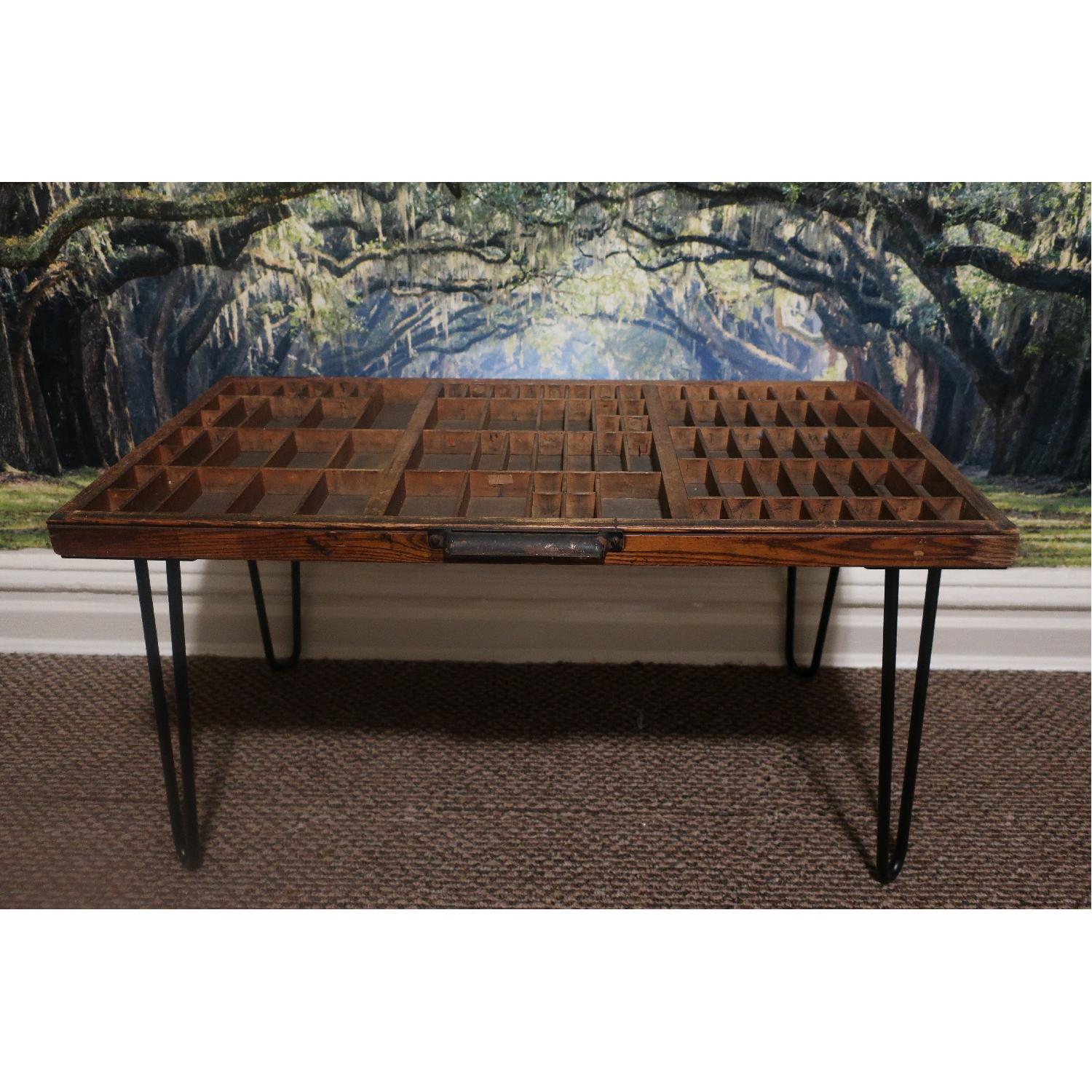 Antique Letterpress Typesetter Coffee Table w/ Hairpin Legs & Glass Top - image-4