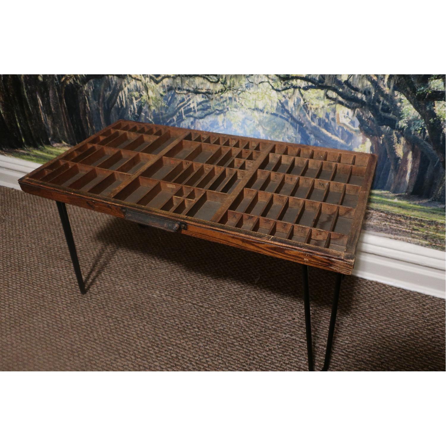 Antique Letterpress Typesetter Coffee Table w/ Hairpin Legs & Glass Top - image-5