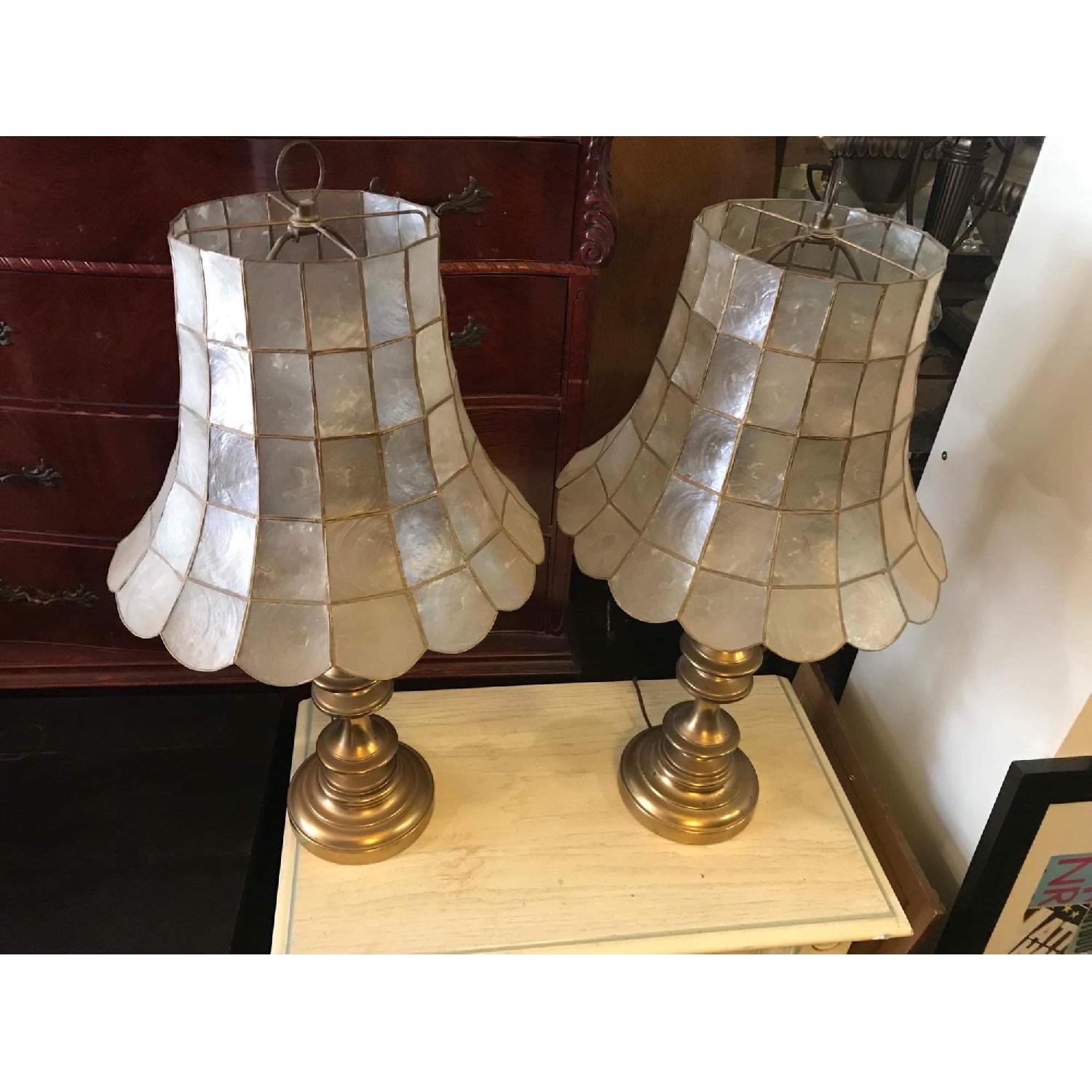 Vintage 1970s Brass Lamps w/ Mother of Pearl Shades - image-4