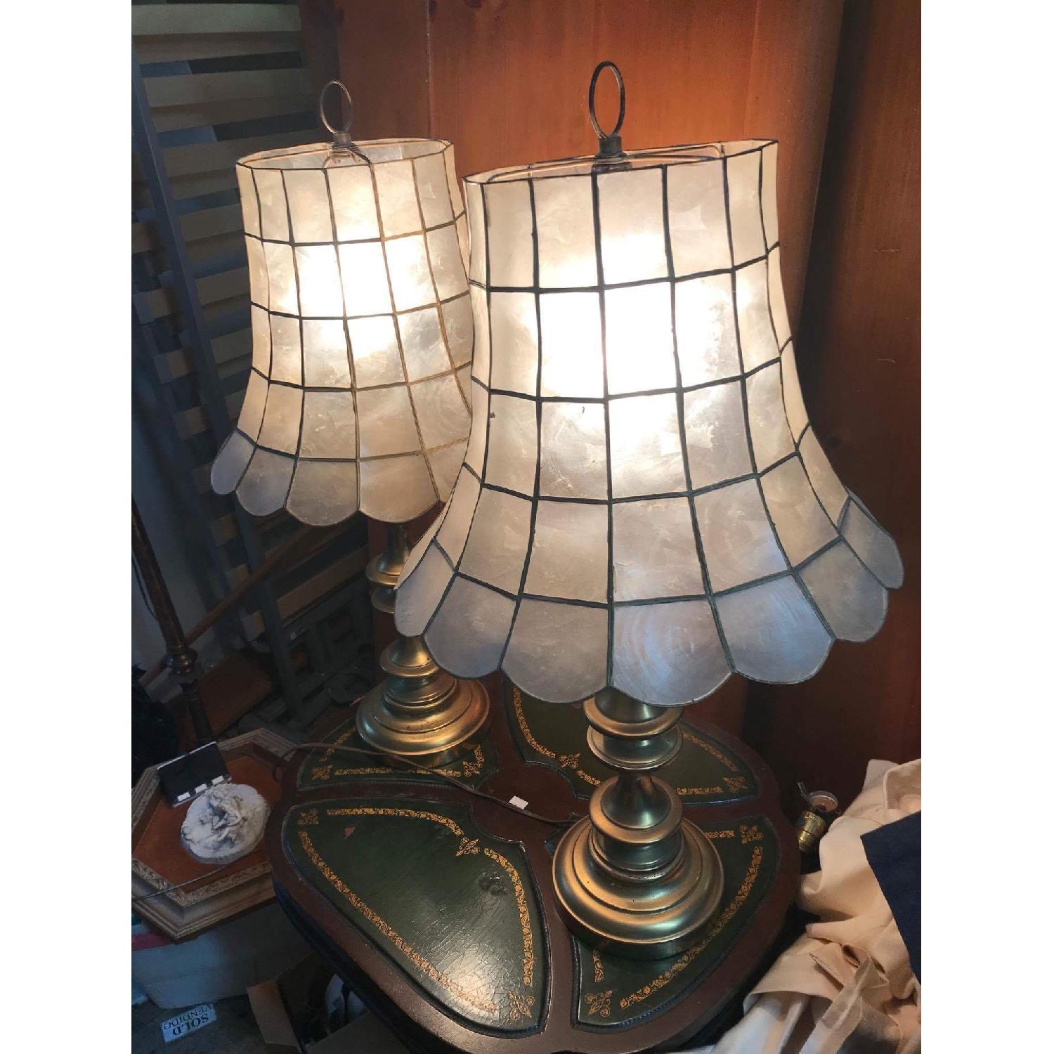 Vintage 1970s Brass Lamps w/ Mother of Pearl Shades - image-7