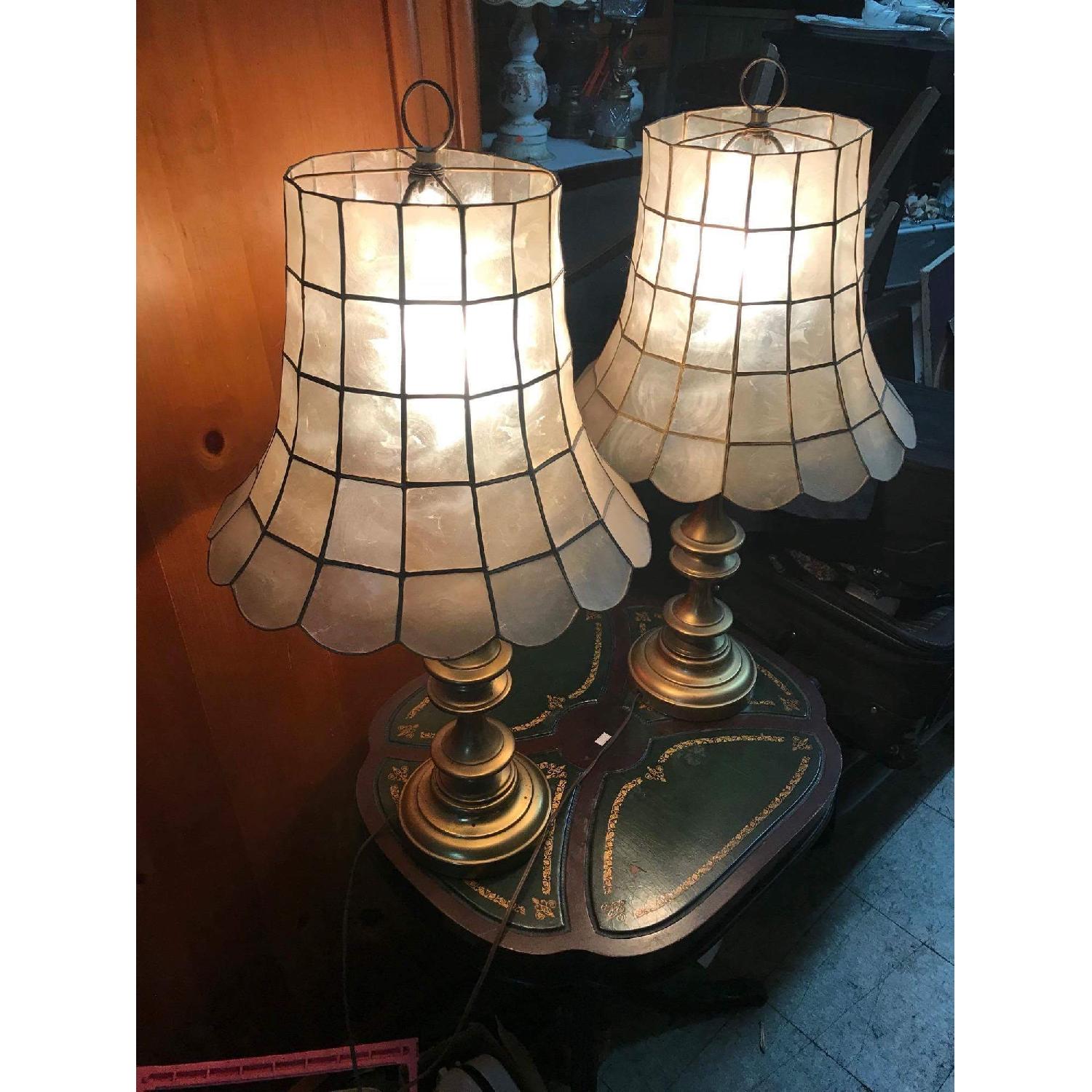 Vintage 1970s Brass Lamps w/ Mother of Pearl Shades - image-11