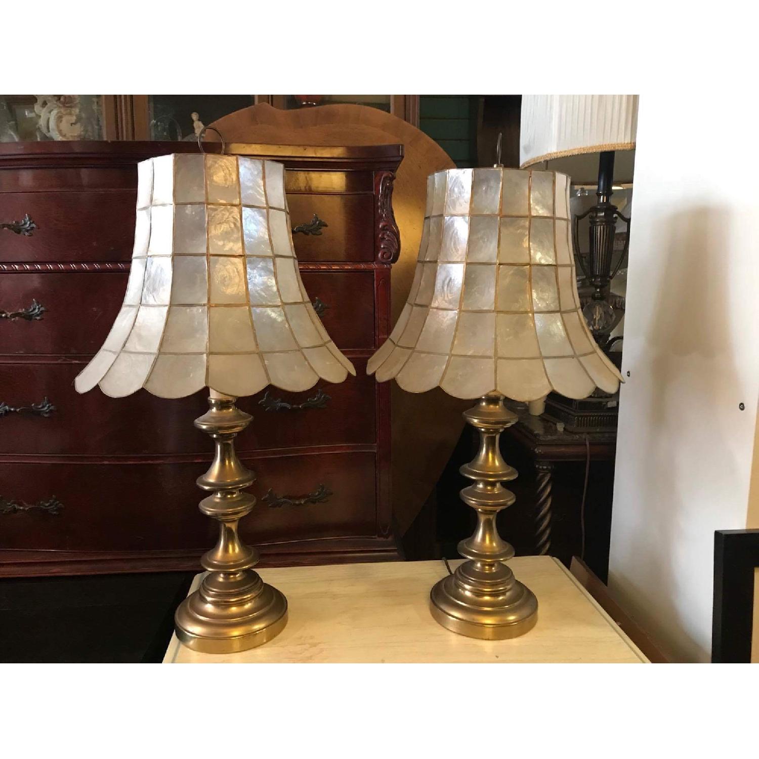 Vintage 1970s Brass Lamps w/ Mother of Pearl Shades - image-12