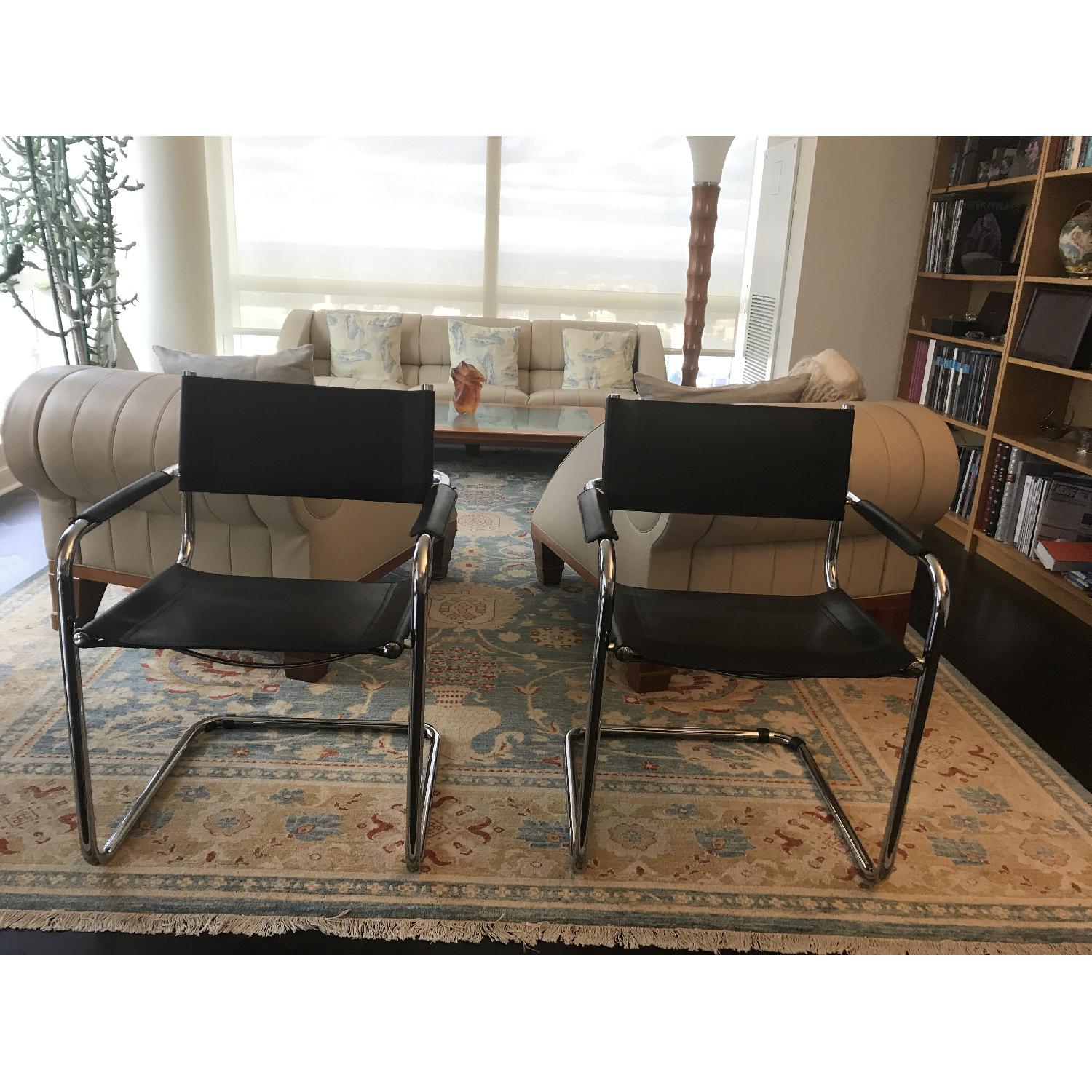 Black Leather Tubular Steel Chrome Arm Chair - image-6