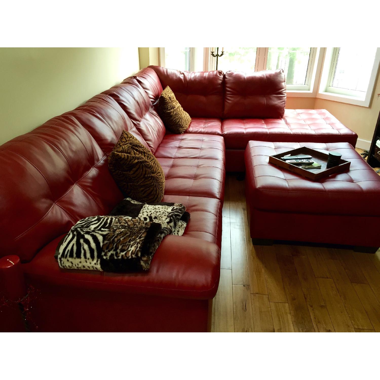 Ashley's Red Sectional Sofa w/ RAF Chaise & Ottoman - image-2