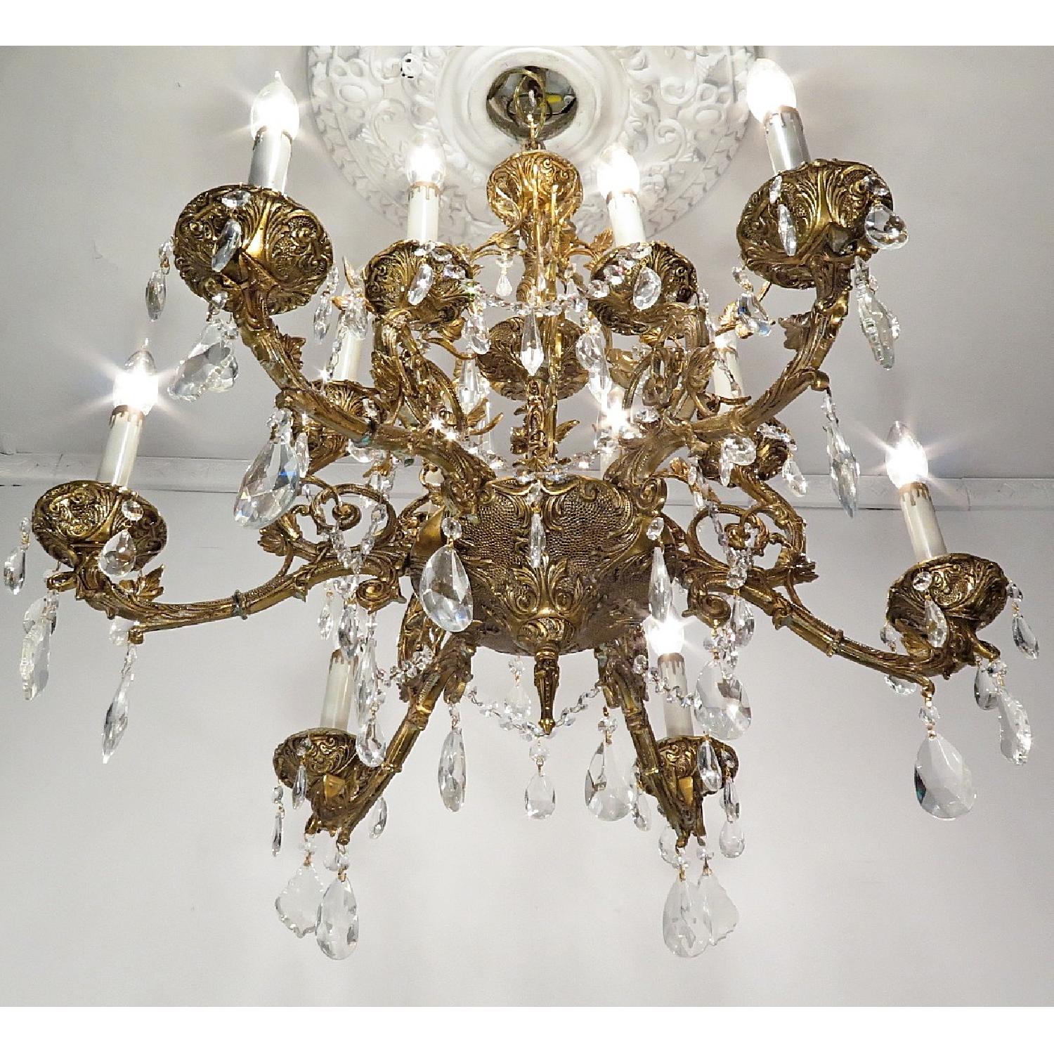 Antique Vintage Grand French Bronze Chandelier Flowers Crystals 12 Light Fixture - image-2