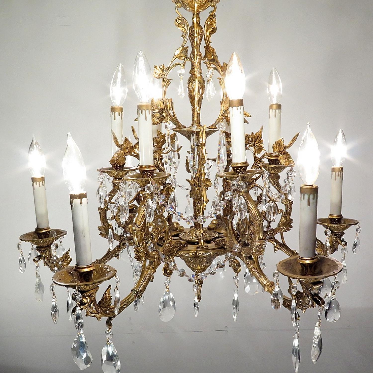 Antique Vintage Grand French Bronze Chandelier Flowers Crystals 12 Light Fixture - image-3