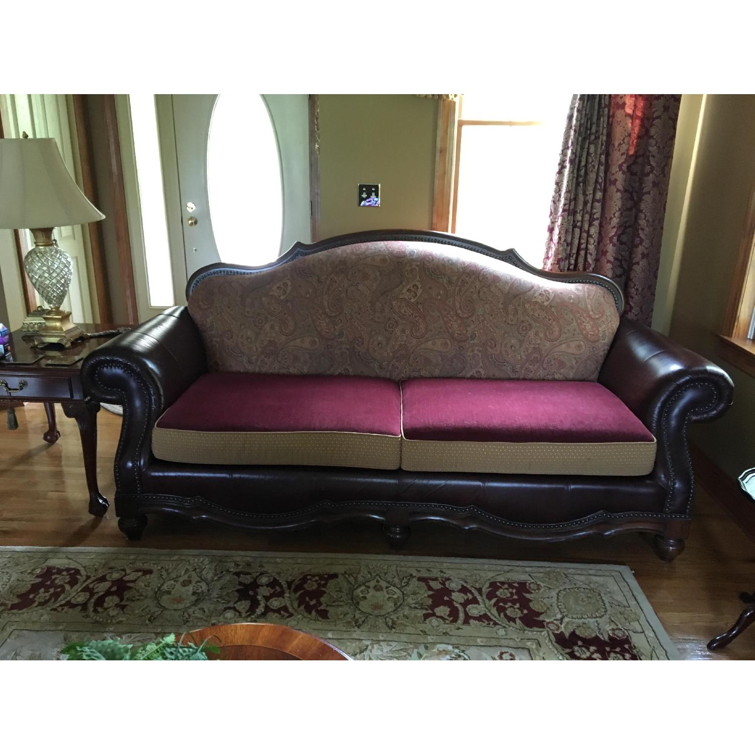 Schnadig Leather & Fabric Sofa w/ Wood & Nailhead Trim AptDeco