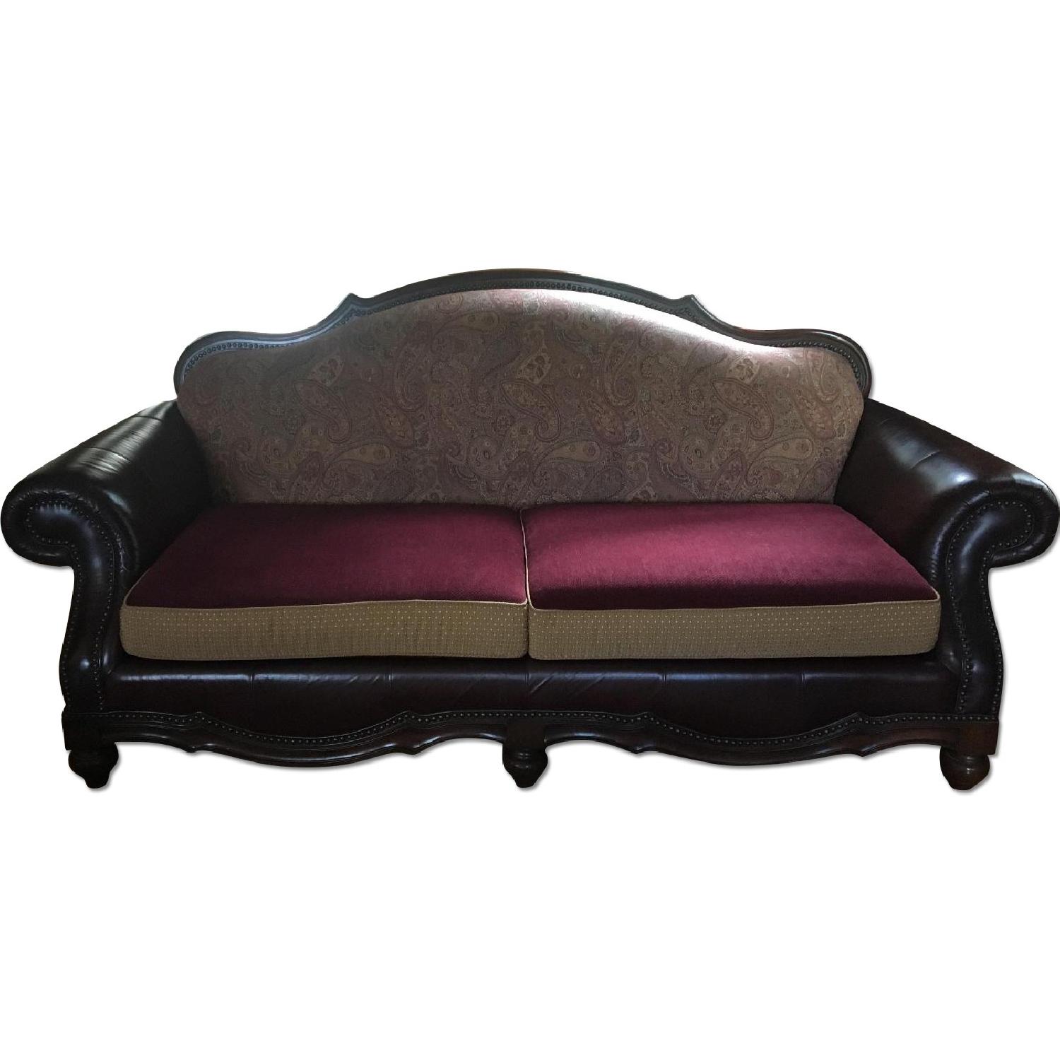 Schnadig Leather & Fabric Sofa w/ Wood & Nailhead Trim - image-0