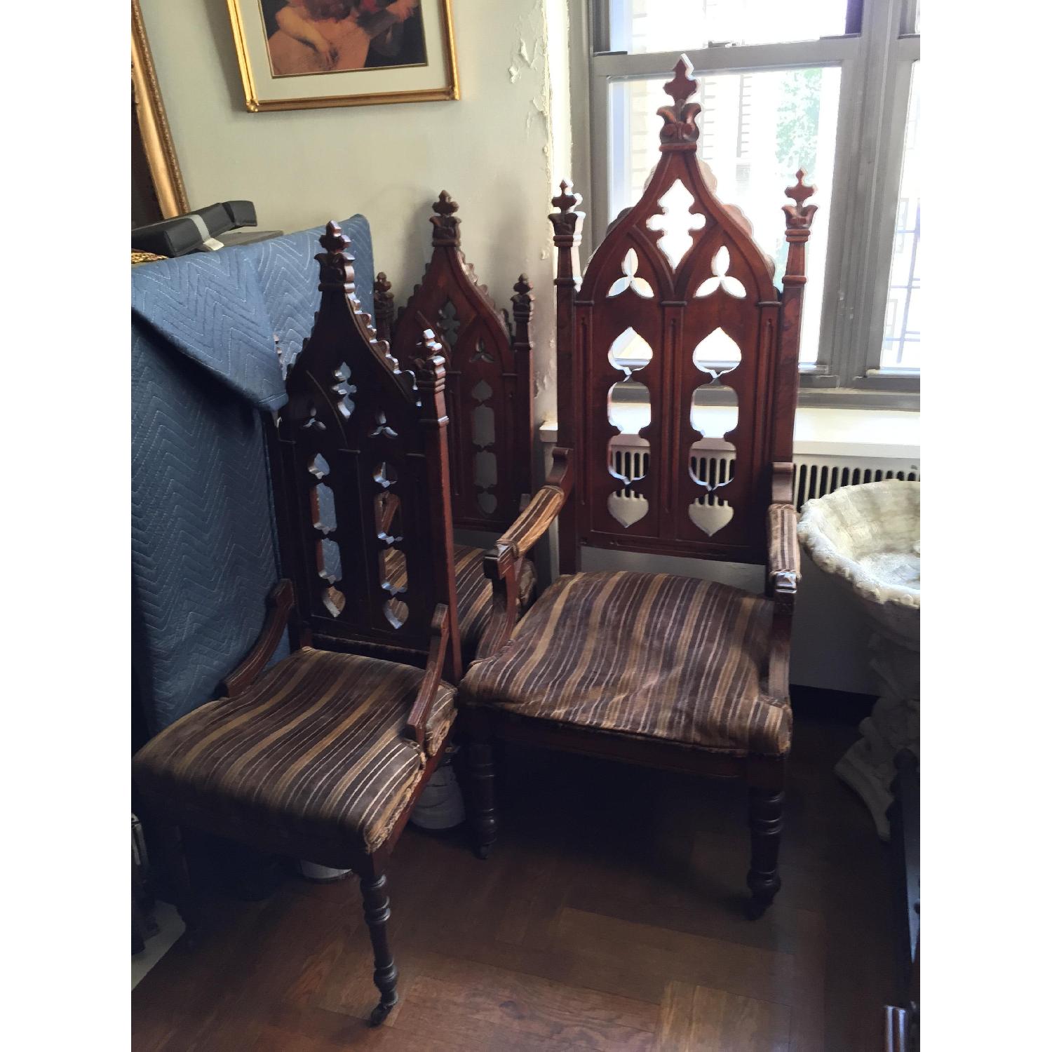 Antique Gothic Masonic Lodge Pulpit Throne Dark Wood Walnut Chairs w Turned Legs - Set of 3 - image-1
