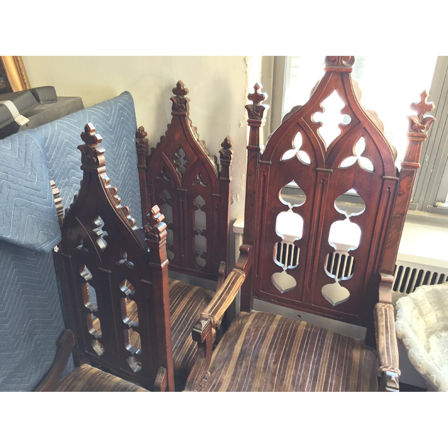 Antique Gothic Masonic Lodge Pulpit Throne Dark Wood Walnut Chairs w Turned Legs - Set of 3 - image-2