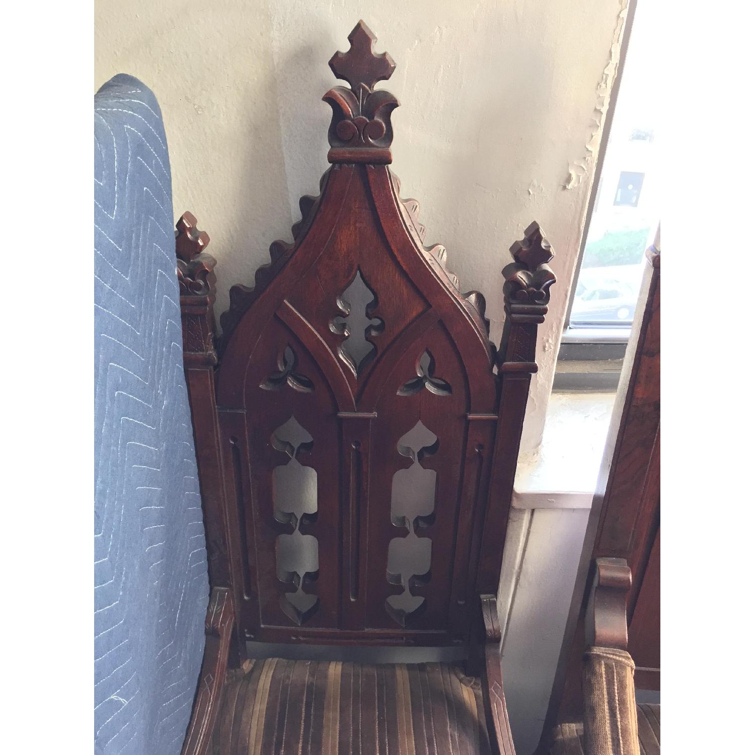 Antique Gothic Masonic Lodge Pulpit Throne Dark Wood Walnut Chairs w Turned Legs - Set of 3 - image-5