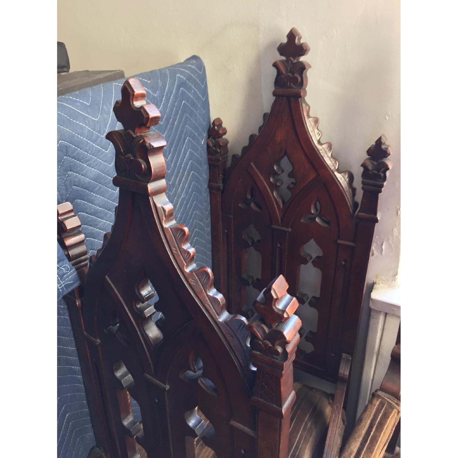 Antique Gothic Masonic Lodge Pulpit Throne Dark Wood Walnut Chairs w Turned Legs - Set of 3 - image-7