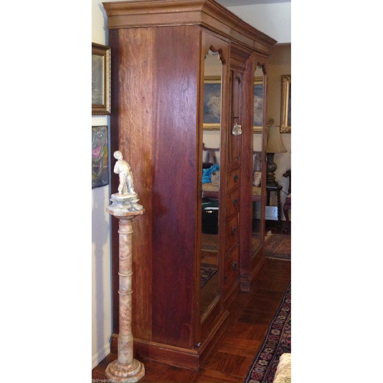 Antique 1900s Edwardian Oak Triple Mirrored Wardrobe - image-2