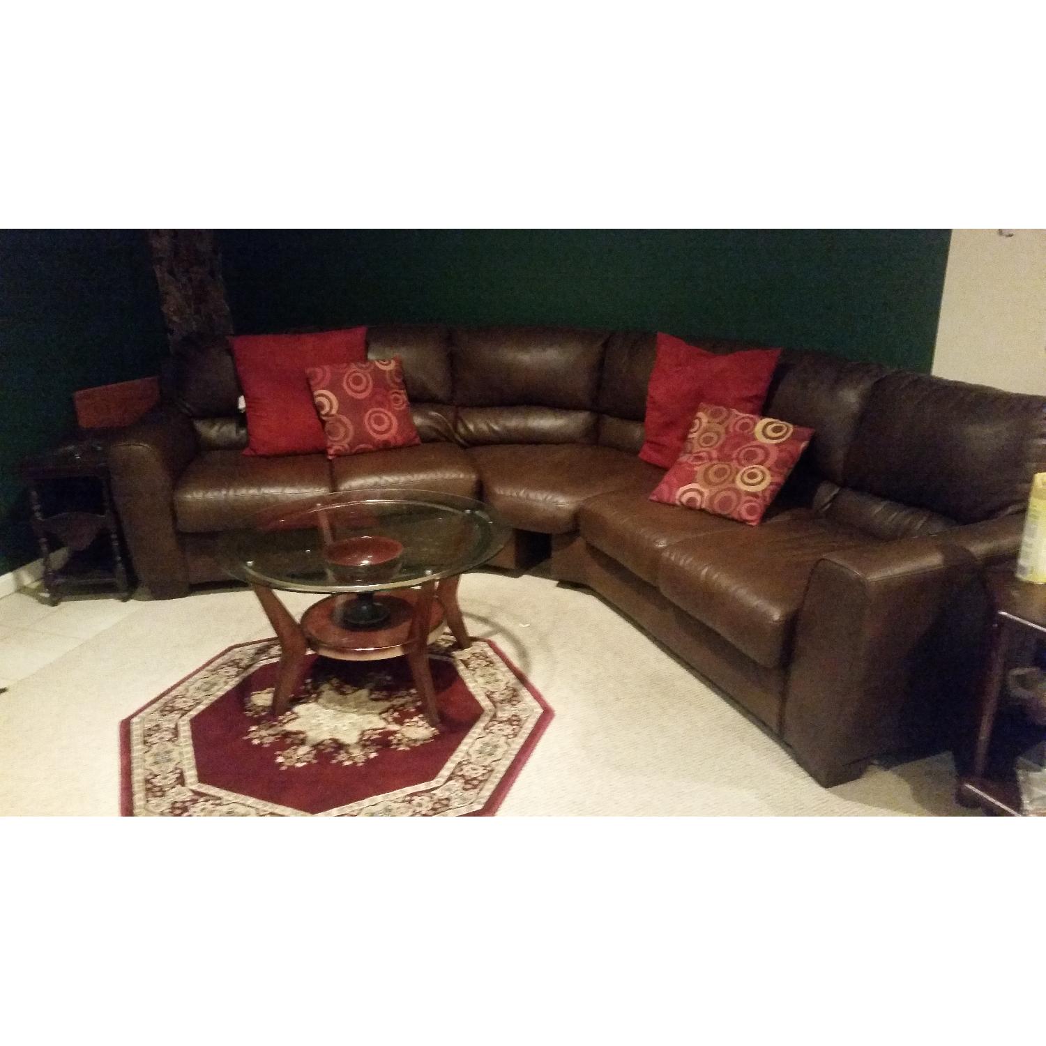 Brown Leather Sectional + Center Table + 2 End Tables - image-1