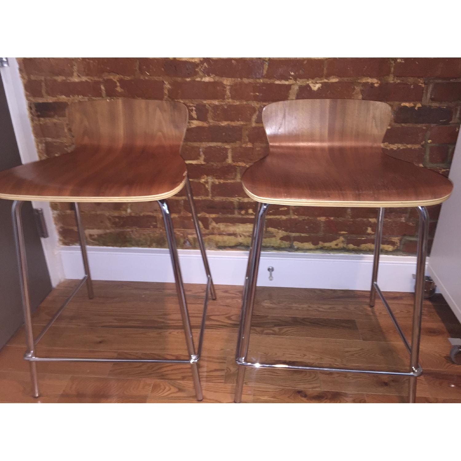 Crate & Barrel Felix Walnut Counter Stools - Pair - image-1