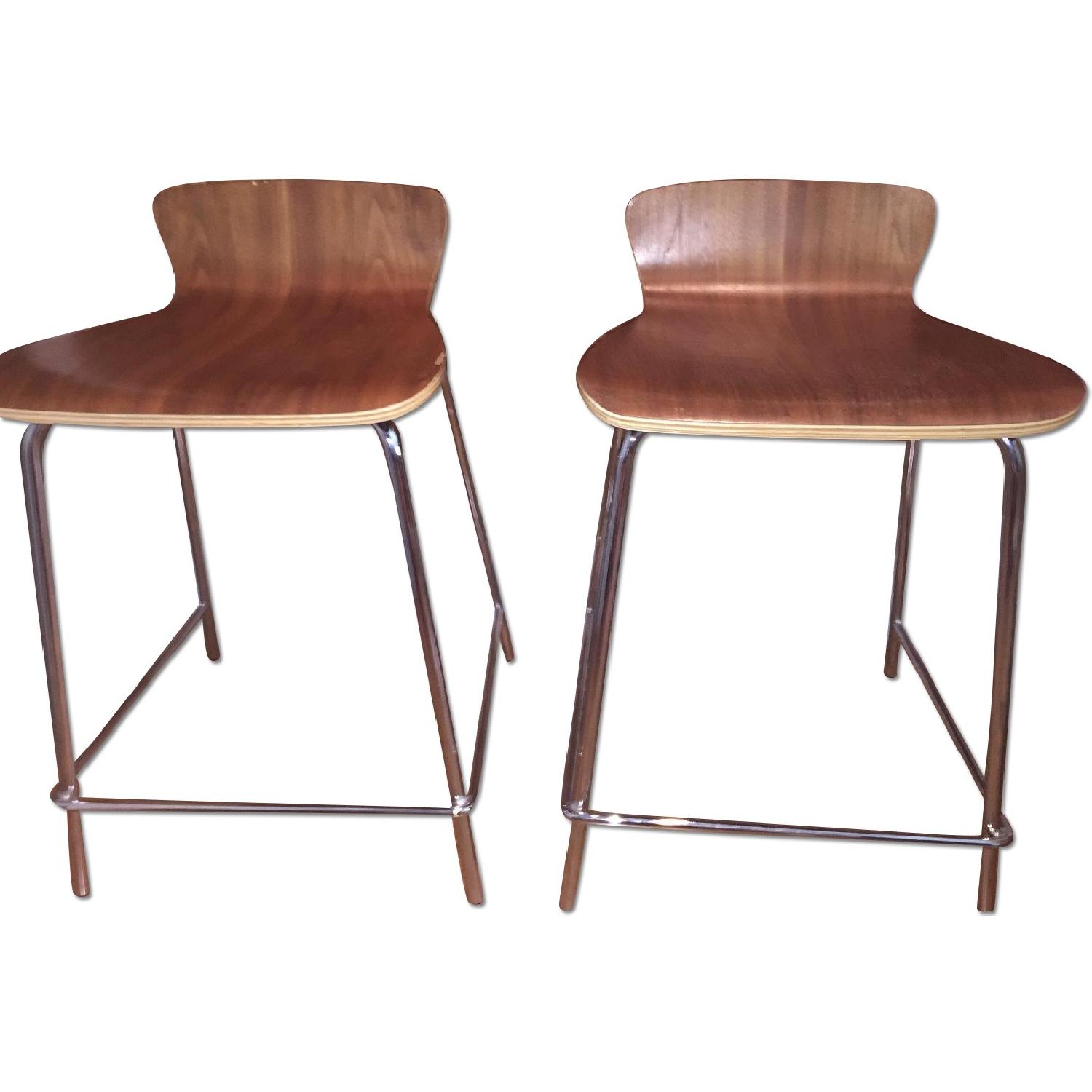 Crate & Barrel Felix Walnut Counter Stools - Pair - image-0