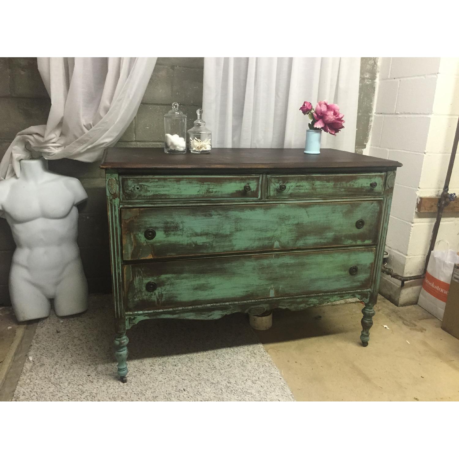 Bohemian Turquoise Weathered Shabby Chic Victorian Dresser & Mirror Set - image-1