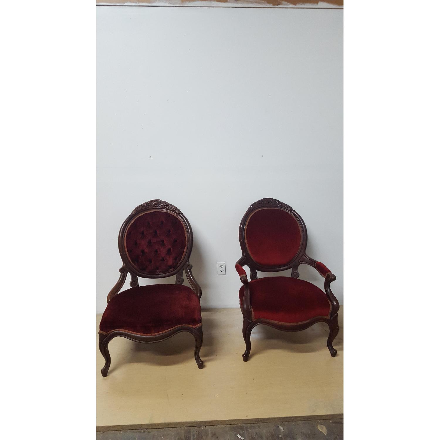 Antique Victorian Pair Red Velvet Ladies and Gentleman's Accent Chairs - Pair - image-1