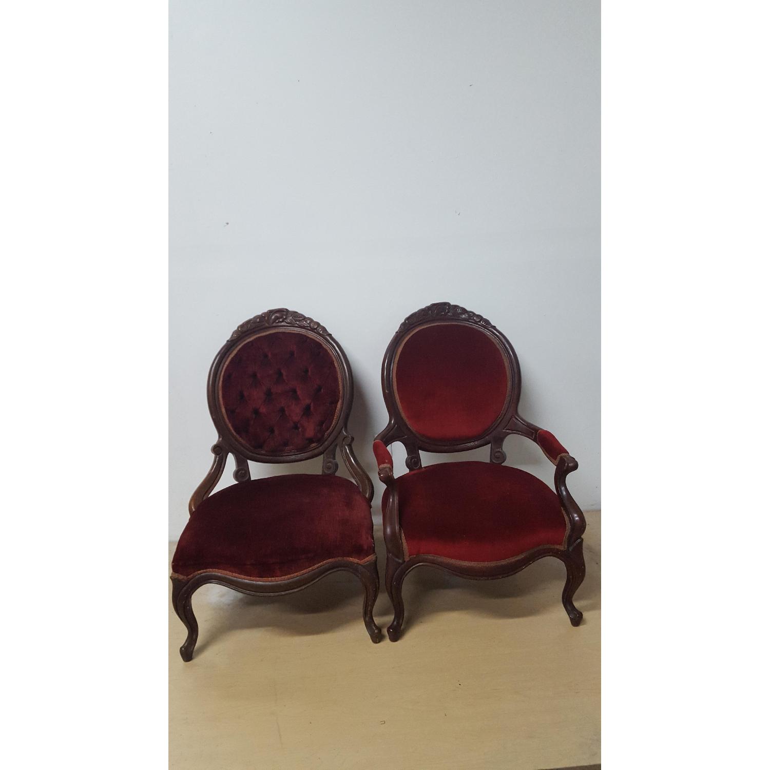 Antique Victorian Pair Red Velvet Ladies and Gentleman's Accent Chairs - Pair - image-2