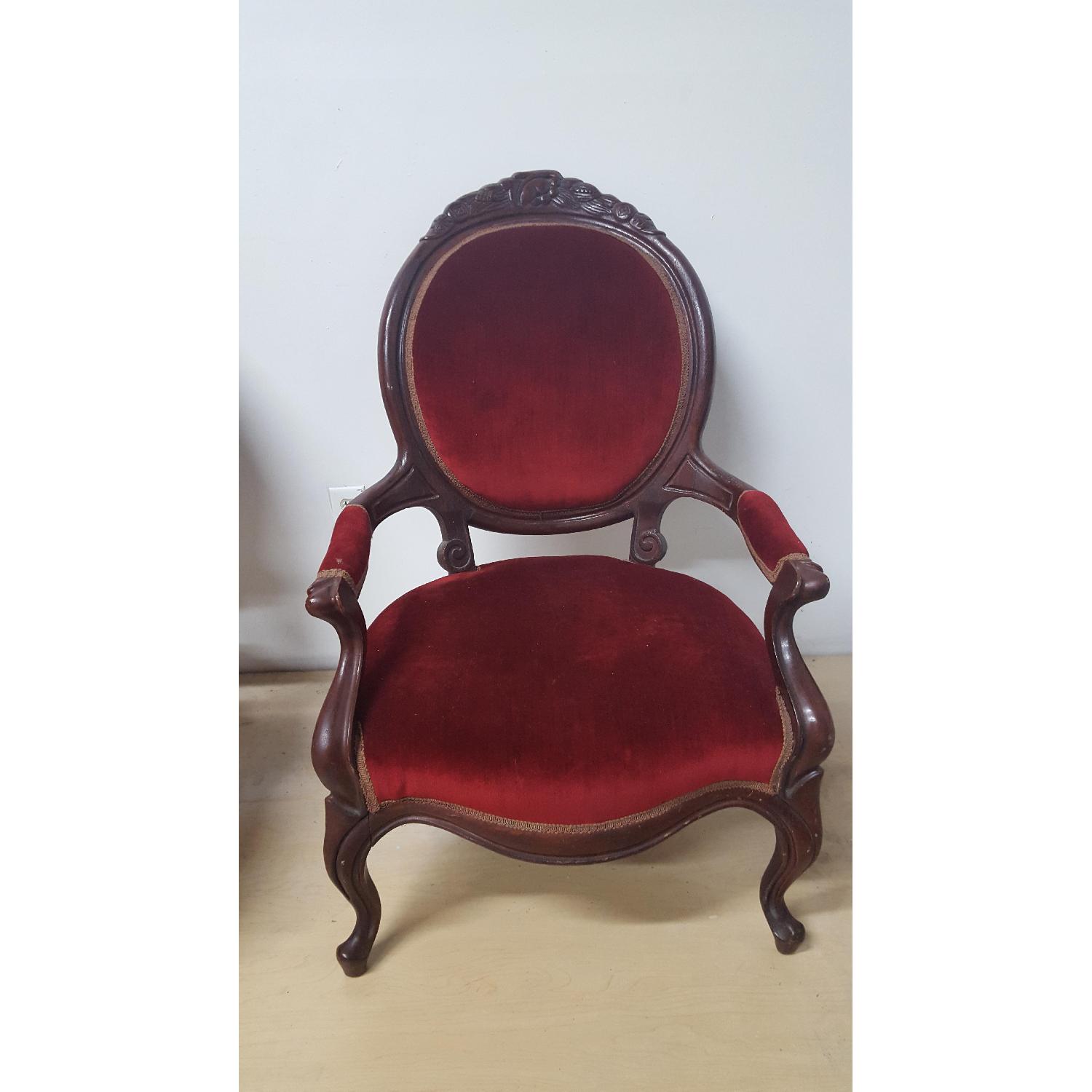 Antique Victorian Pair Red Velvet Ladies and Gentleman's Accent Chairs - Pair - image-3