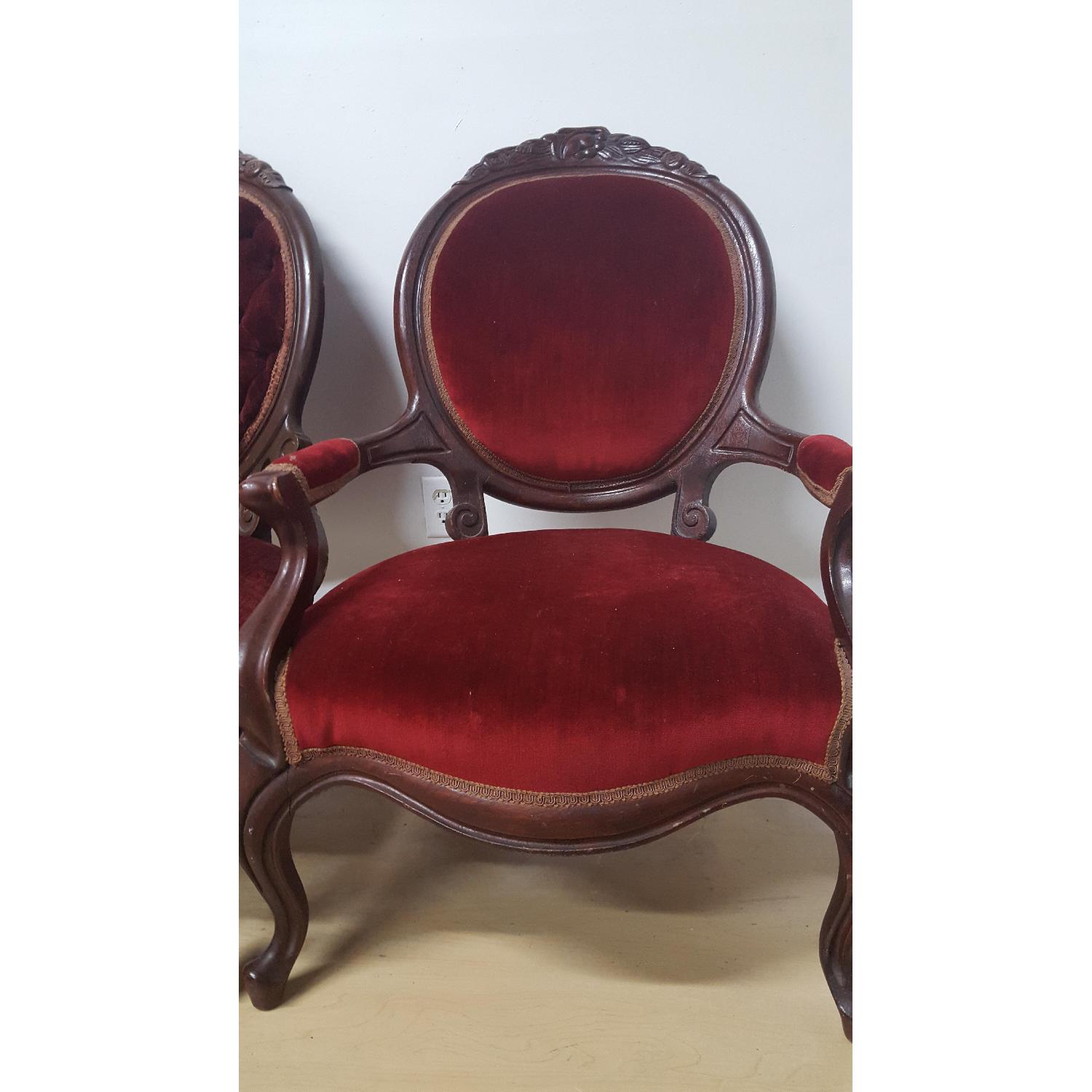 Antique Victorian Pair Red Velvet Ladies and Gentleman's Accent Chairs - Pair - image-6
