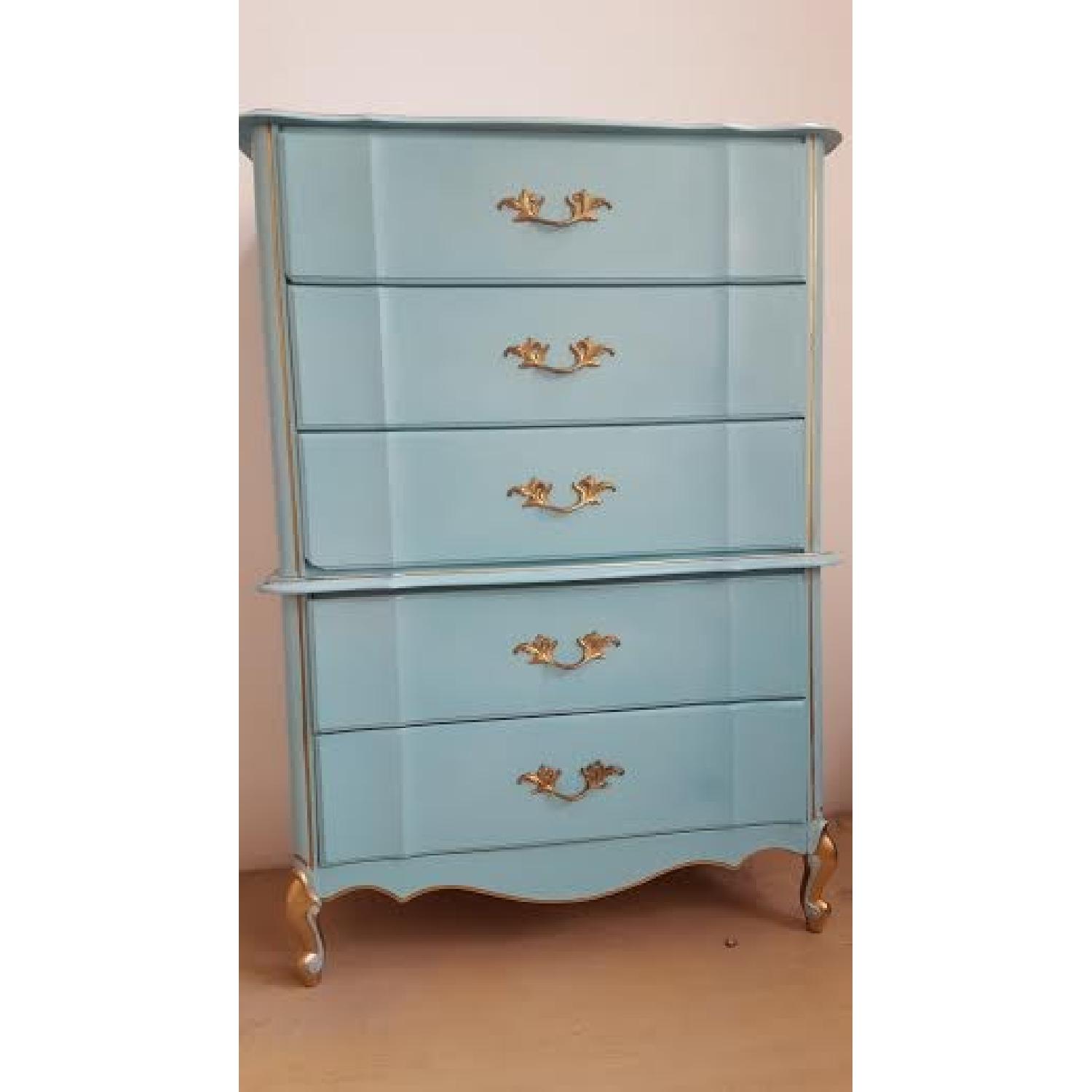 Vintage French Provincial Shabby Chic Turquoise Blue & Gold Dresser w/ Original Hardware - image-1