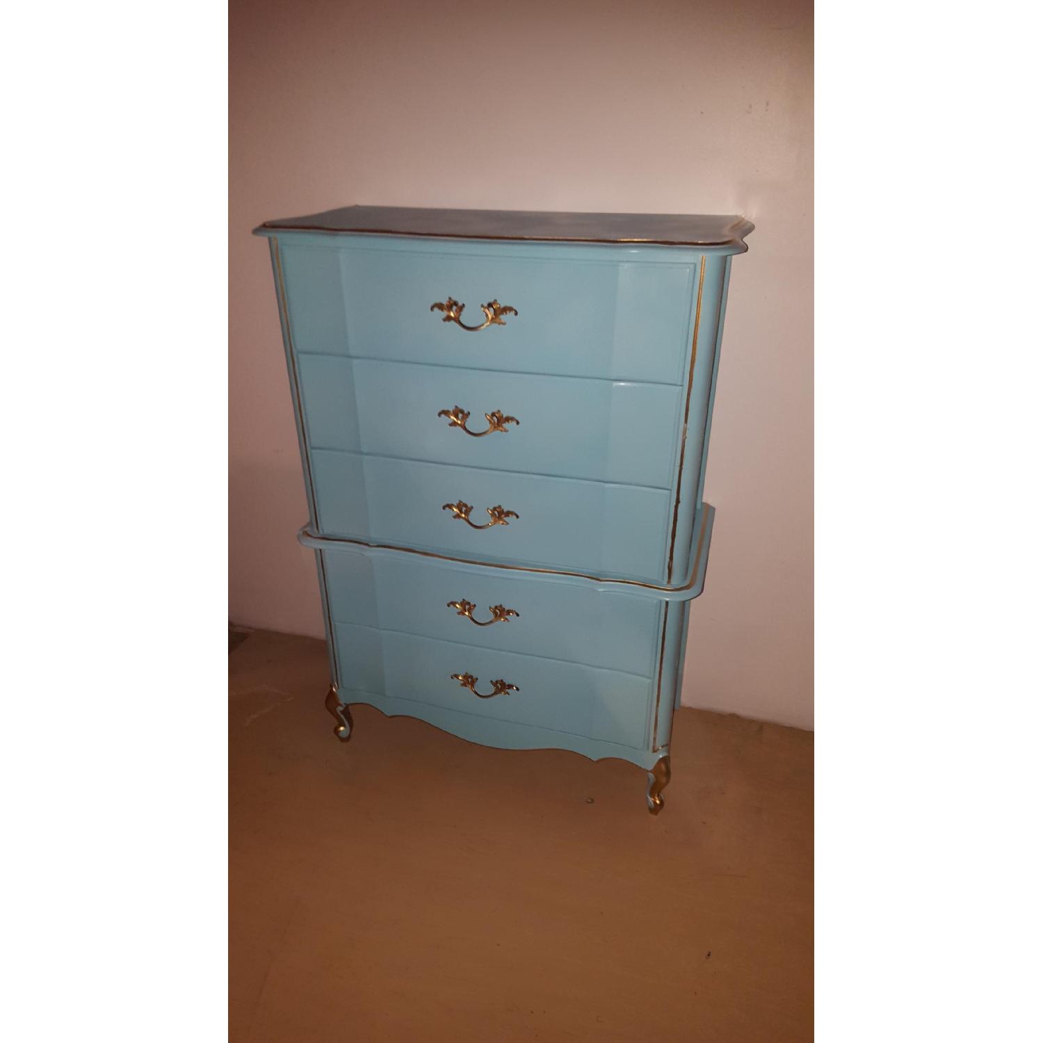 Vintage French Provincial Shabby Chic Turquoise Blue & Gold Dresser w/ Original Hardware - image-4