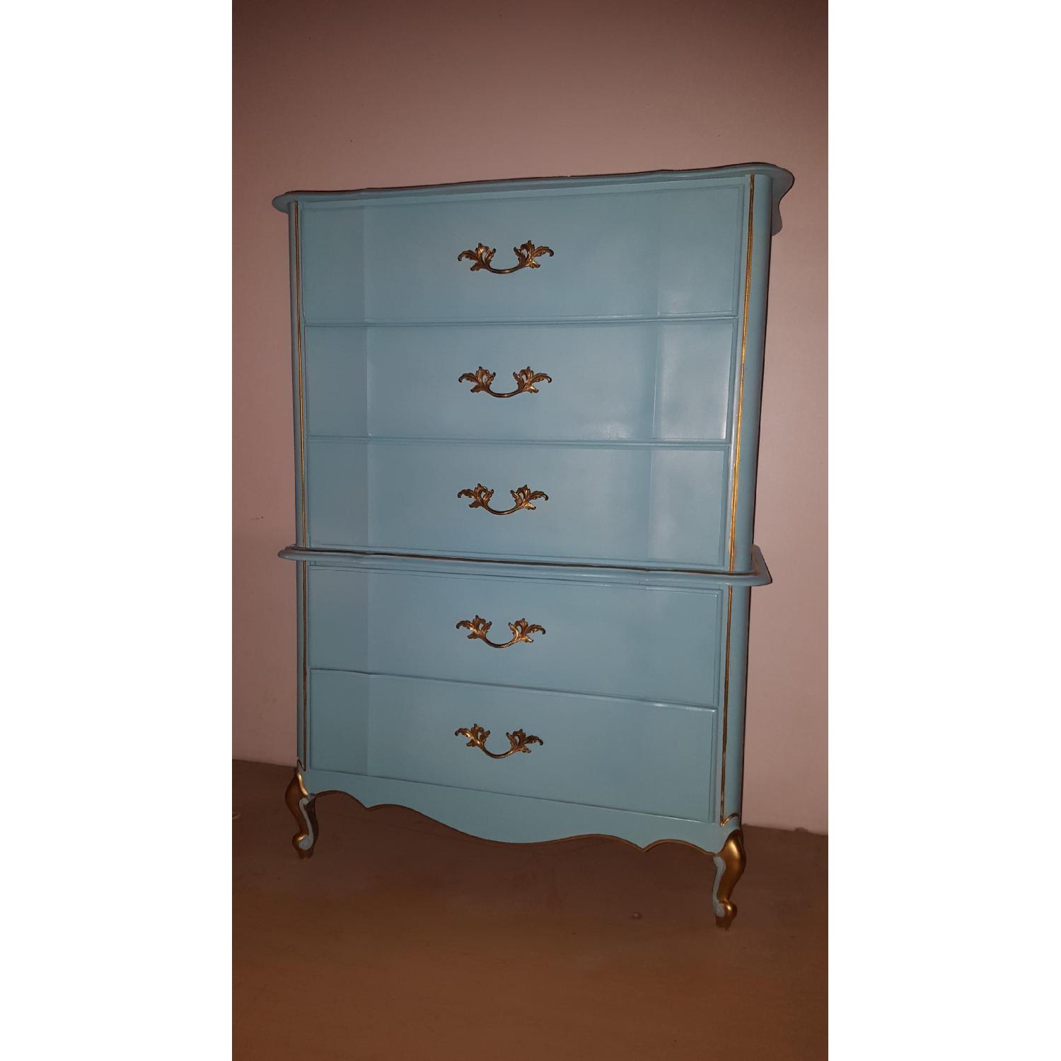Vintage French Provincial Shabby Chic Turquoise Blue & Gold Dresser w/ Original Hardware - image-5