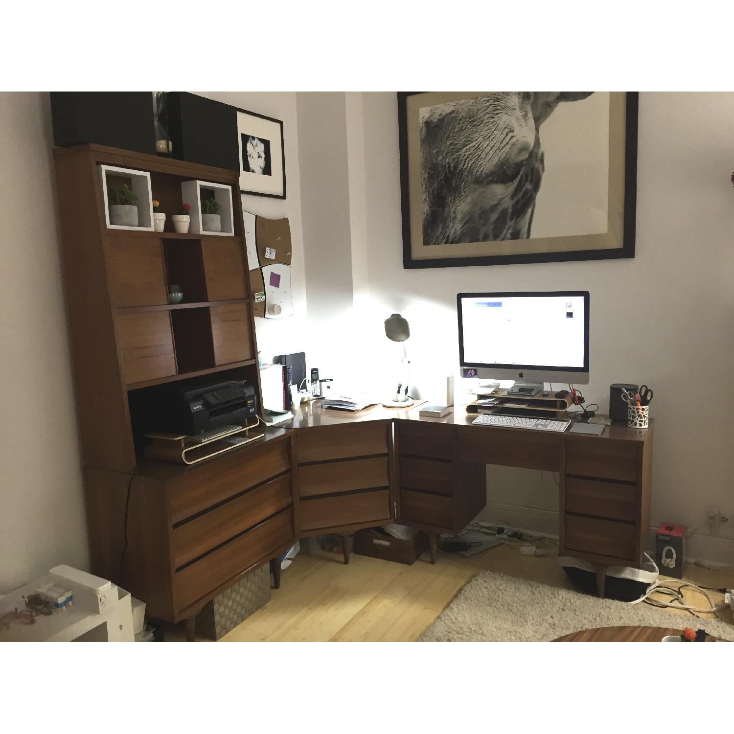 Mid-Century Wood Desk Unit with Hutch in Walnut Color - image-1