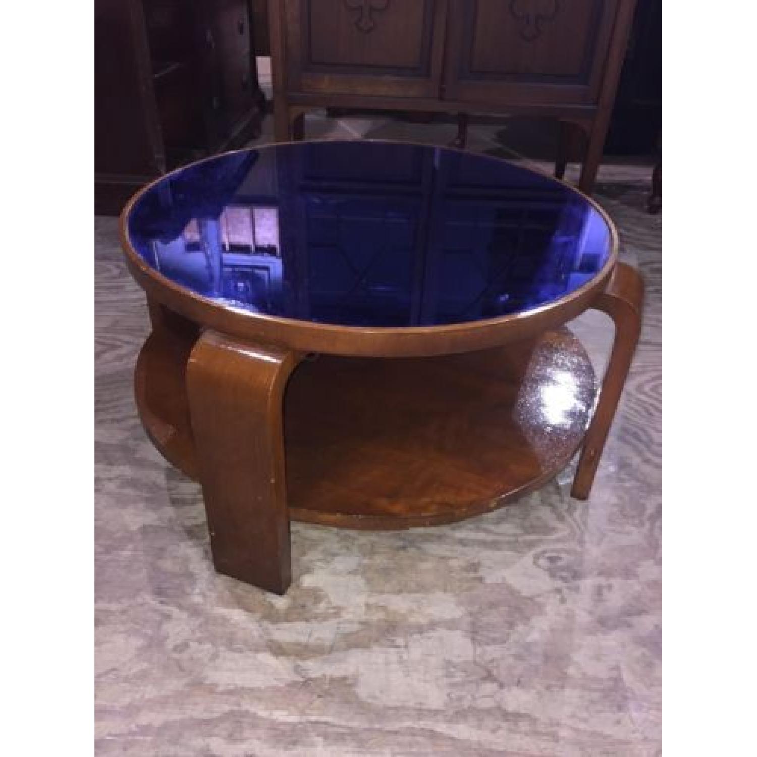 Round Blue Glass Art Deco Coffee Table - image-1