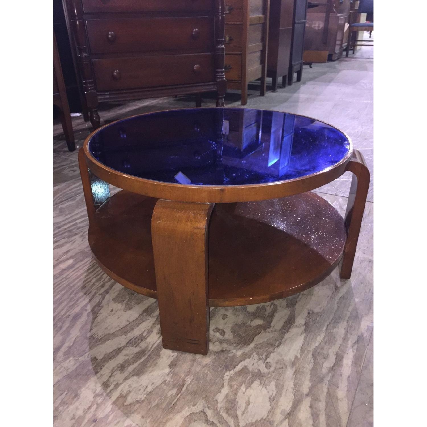 Round Blue Glass Art Deco Coffee Table - image-4