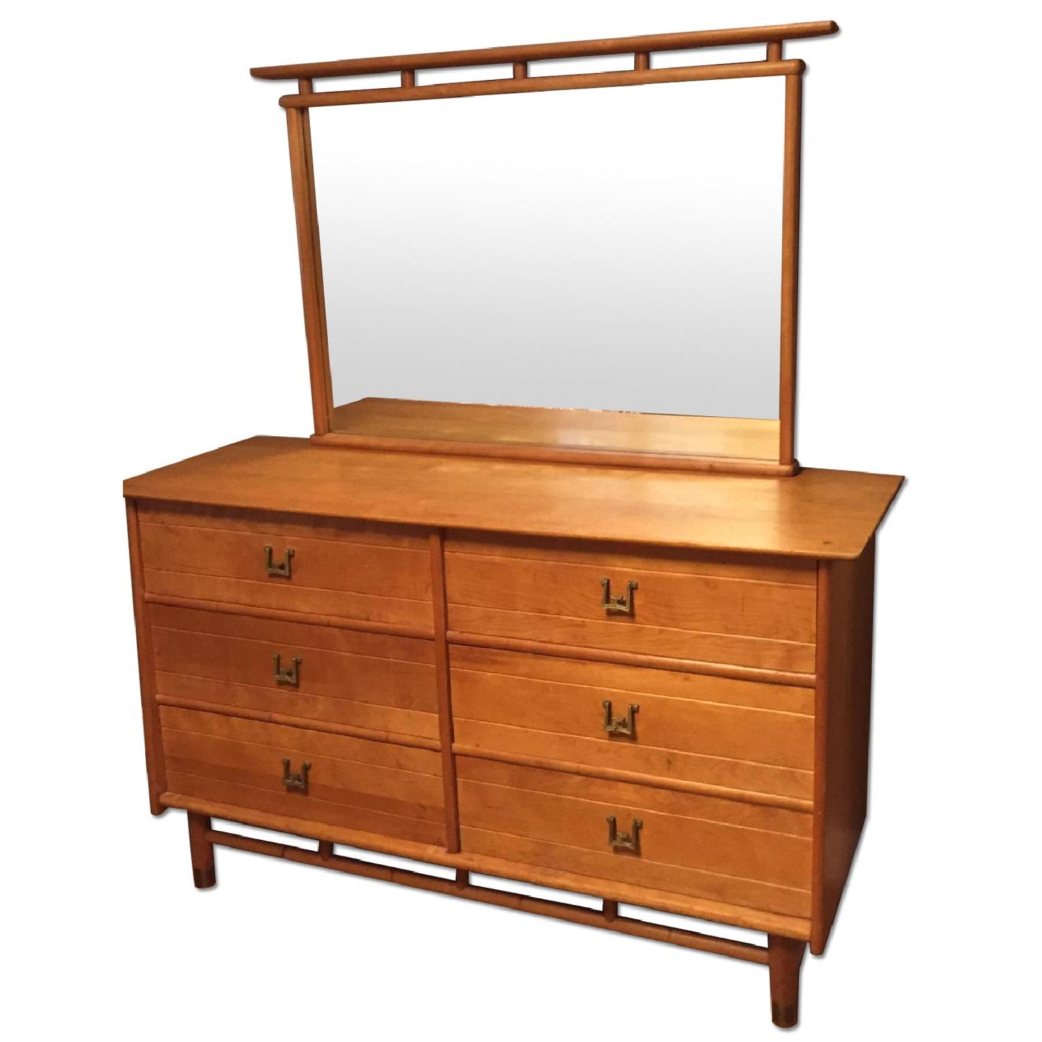 Vintage Mid-Century Maple Wood 6-Drawer Dresser w/ Mirror - image-0