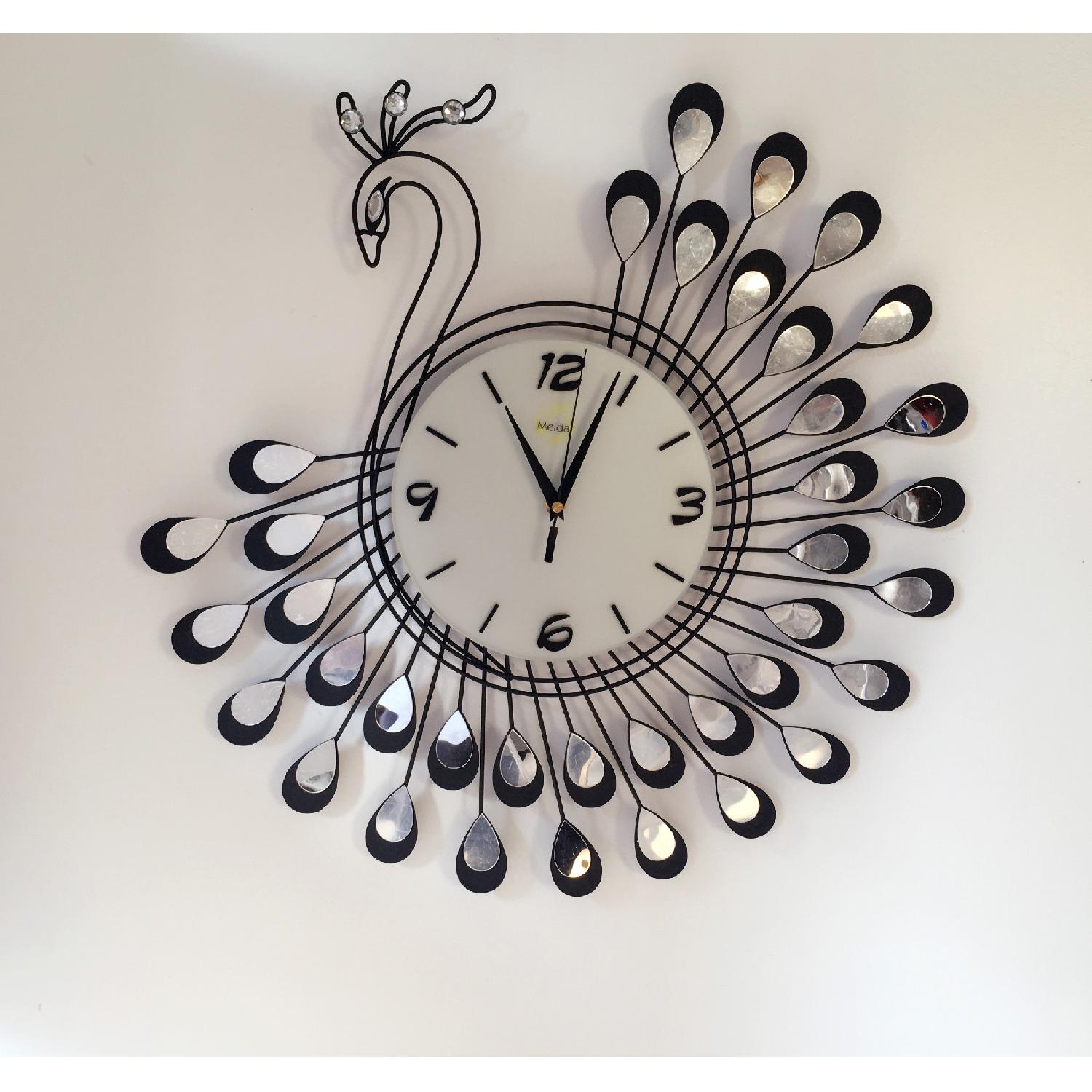 Peacock Metal Silent Wall Clock Mirror Decoration - image-1