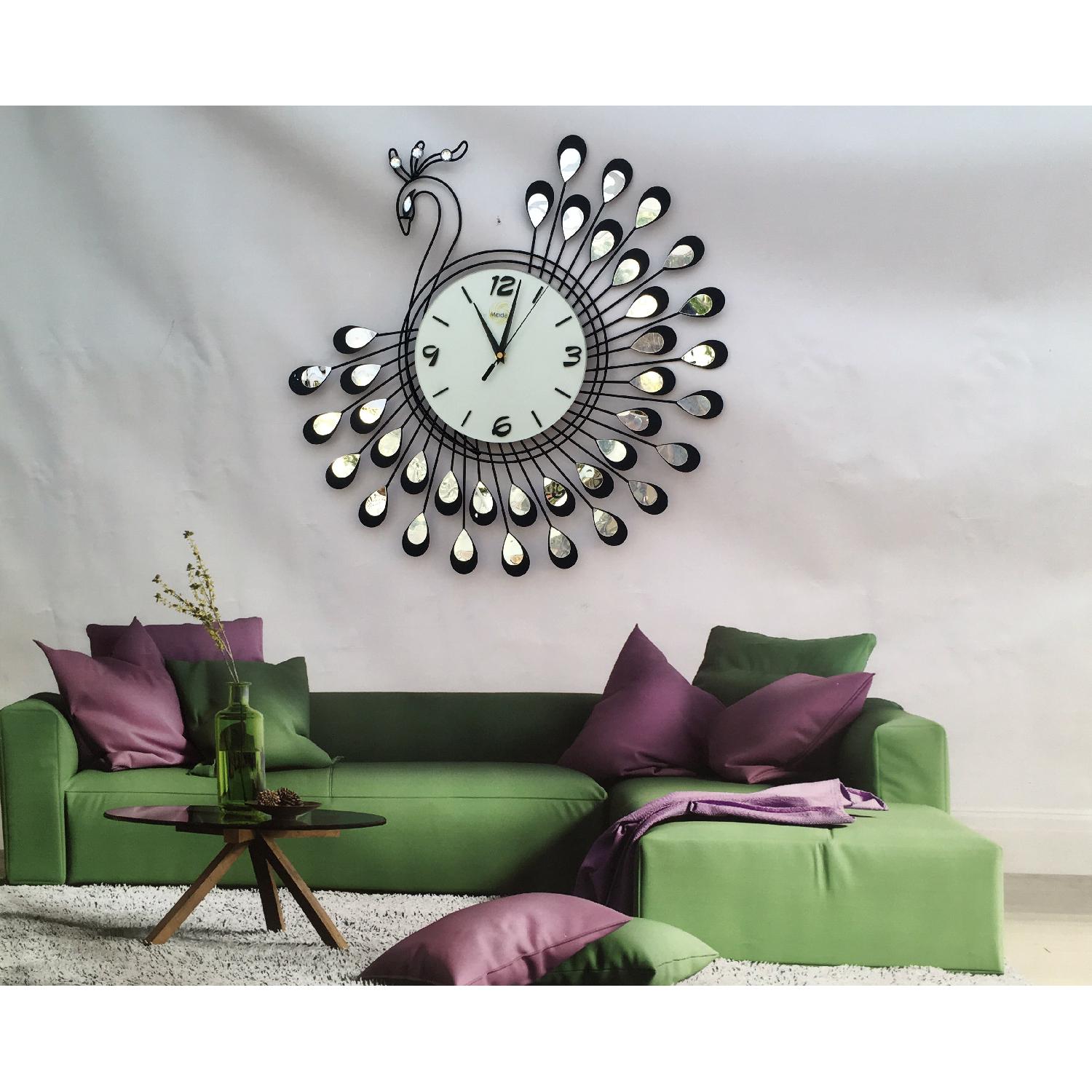 Peacock Metal Silent Wall Clock Mirror Decoration - image-2