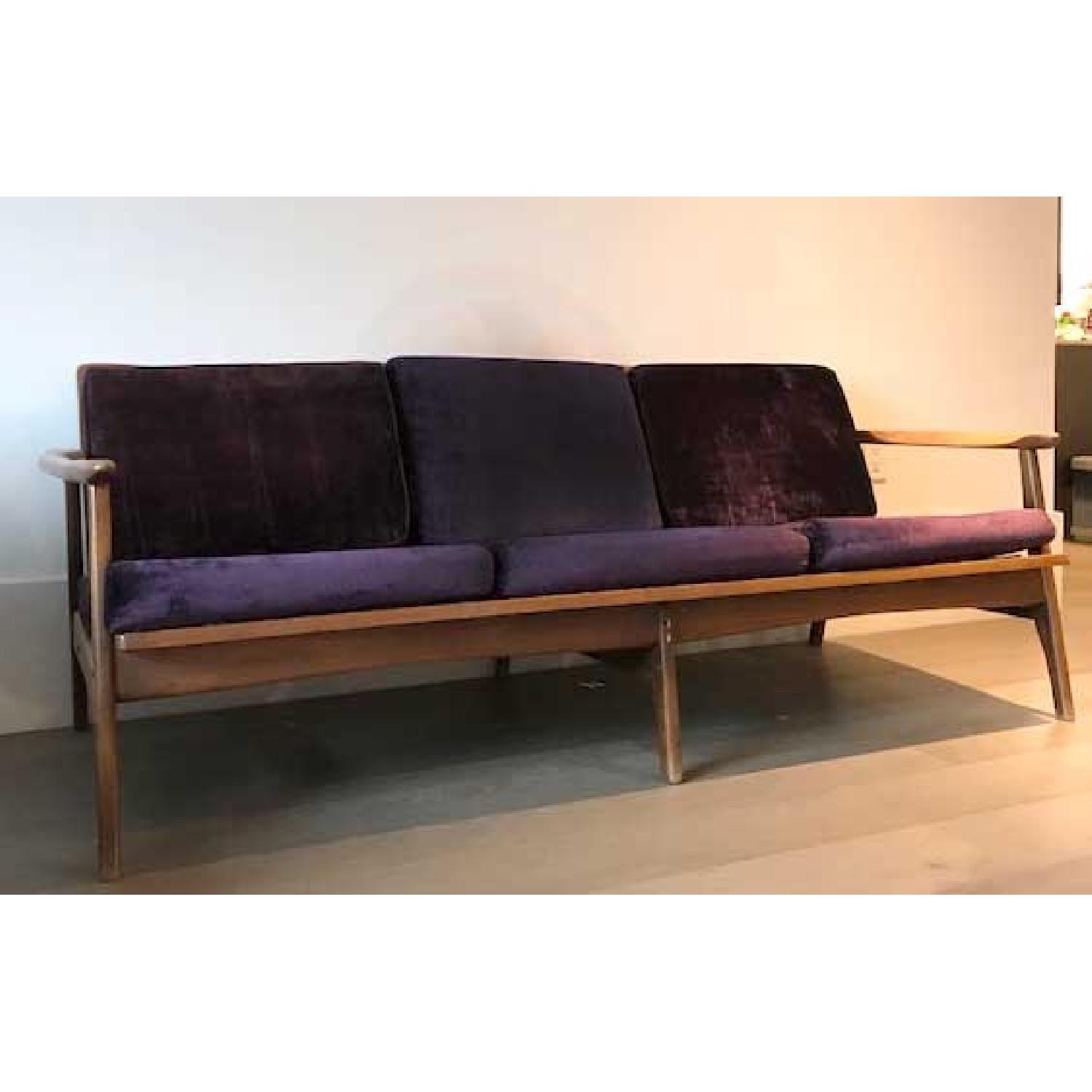 Mid-Century Wood Bench w/ Velvet Upholstery - image-1