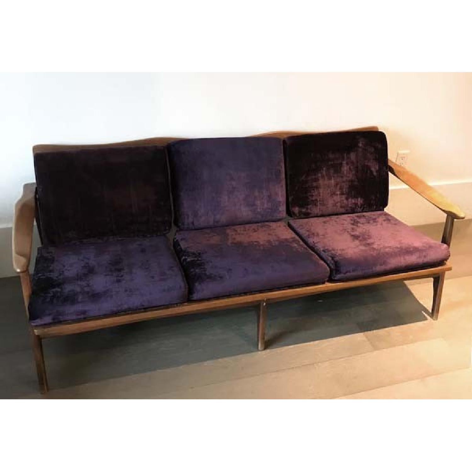 Mid-Century Wood Bench w/ Velvet Upholstery - image-2