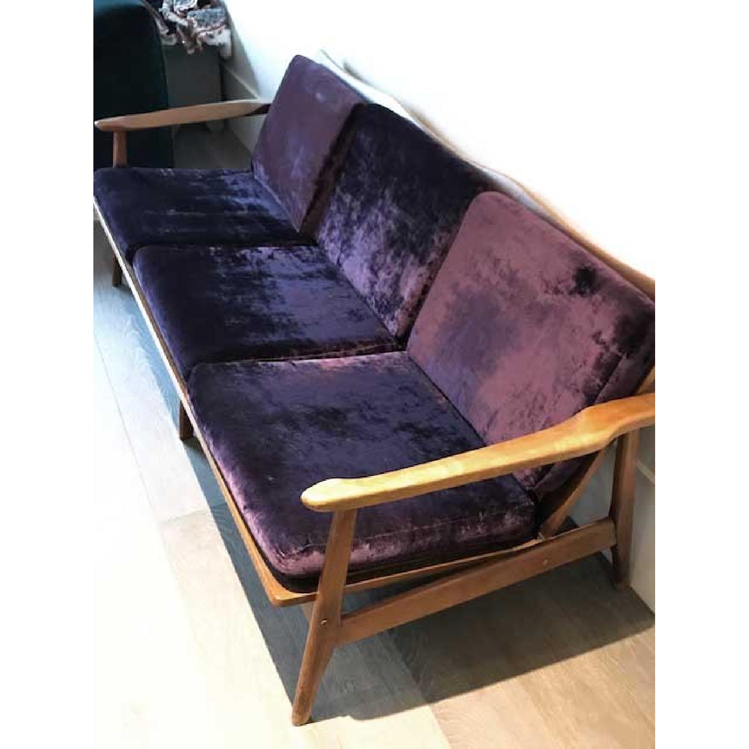 Mid-Century Wood Bench w/ Velvet Upholstery - image-5