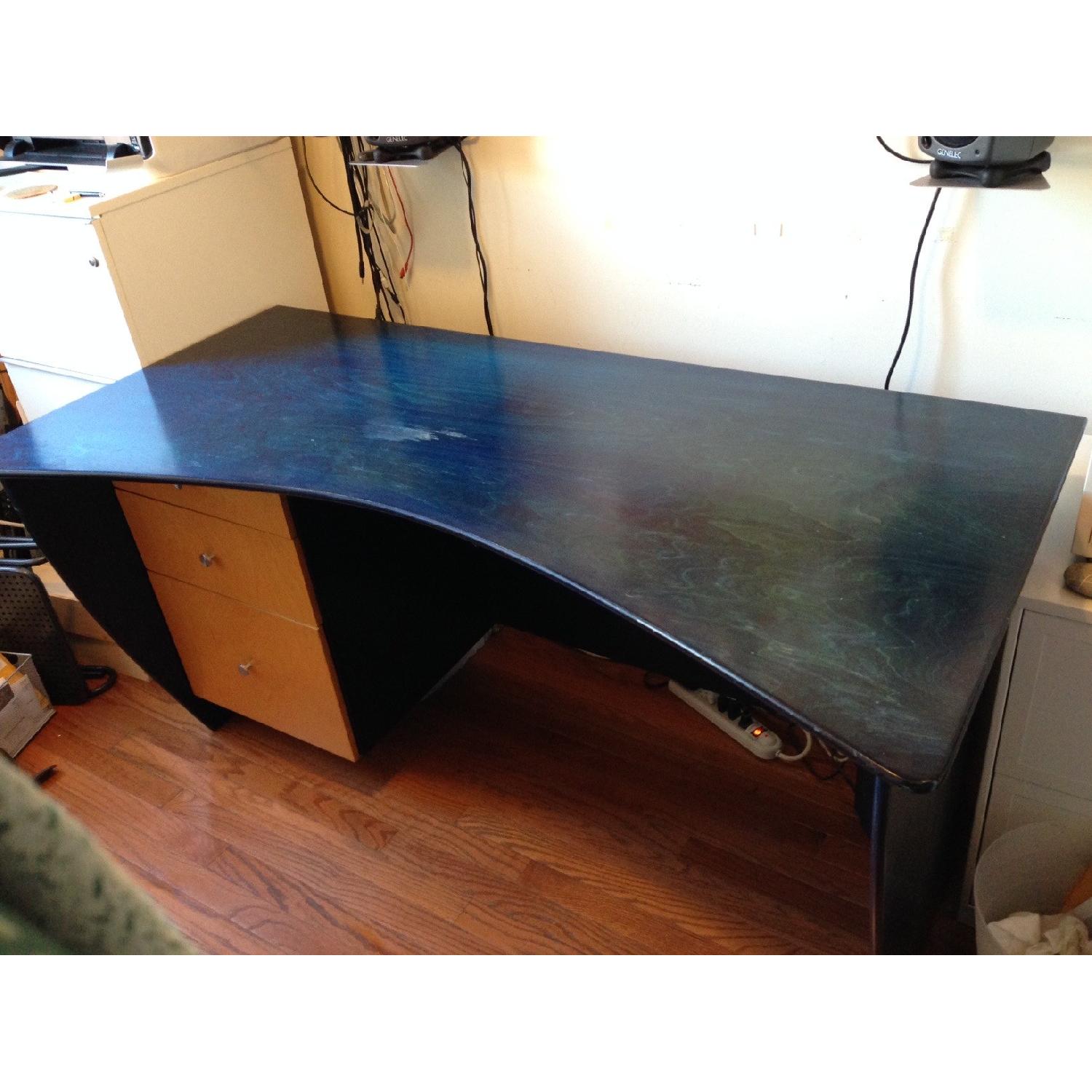 Modern Wooden Curved Top Desk in Blue Wood Stain AptDeco
