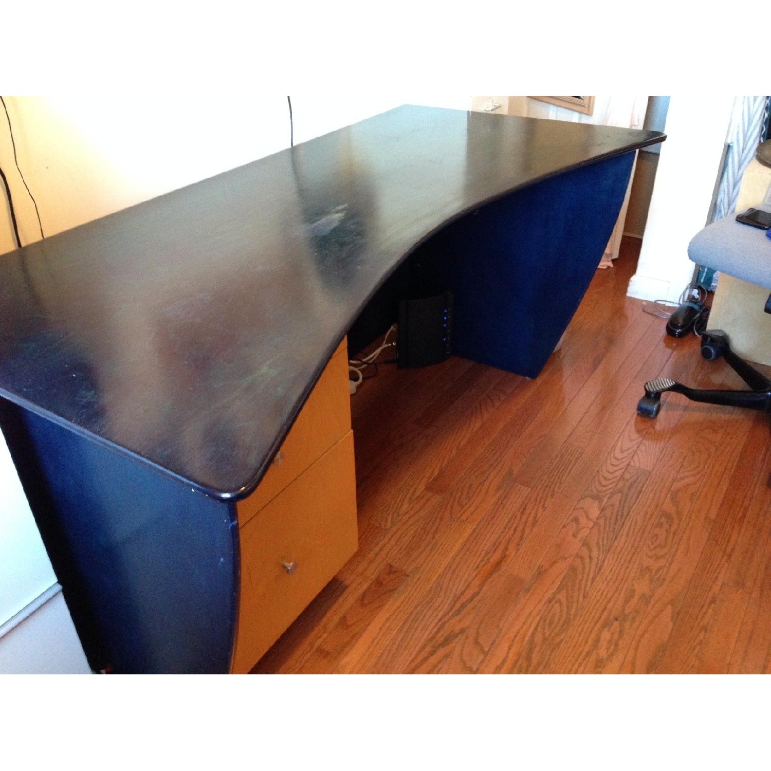 Modern Wooden Curved Top Desk in Blue Wood Stain AptDeco