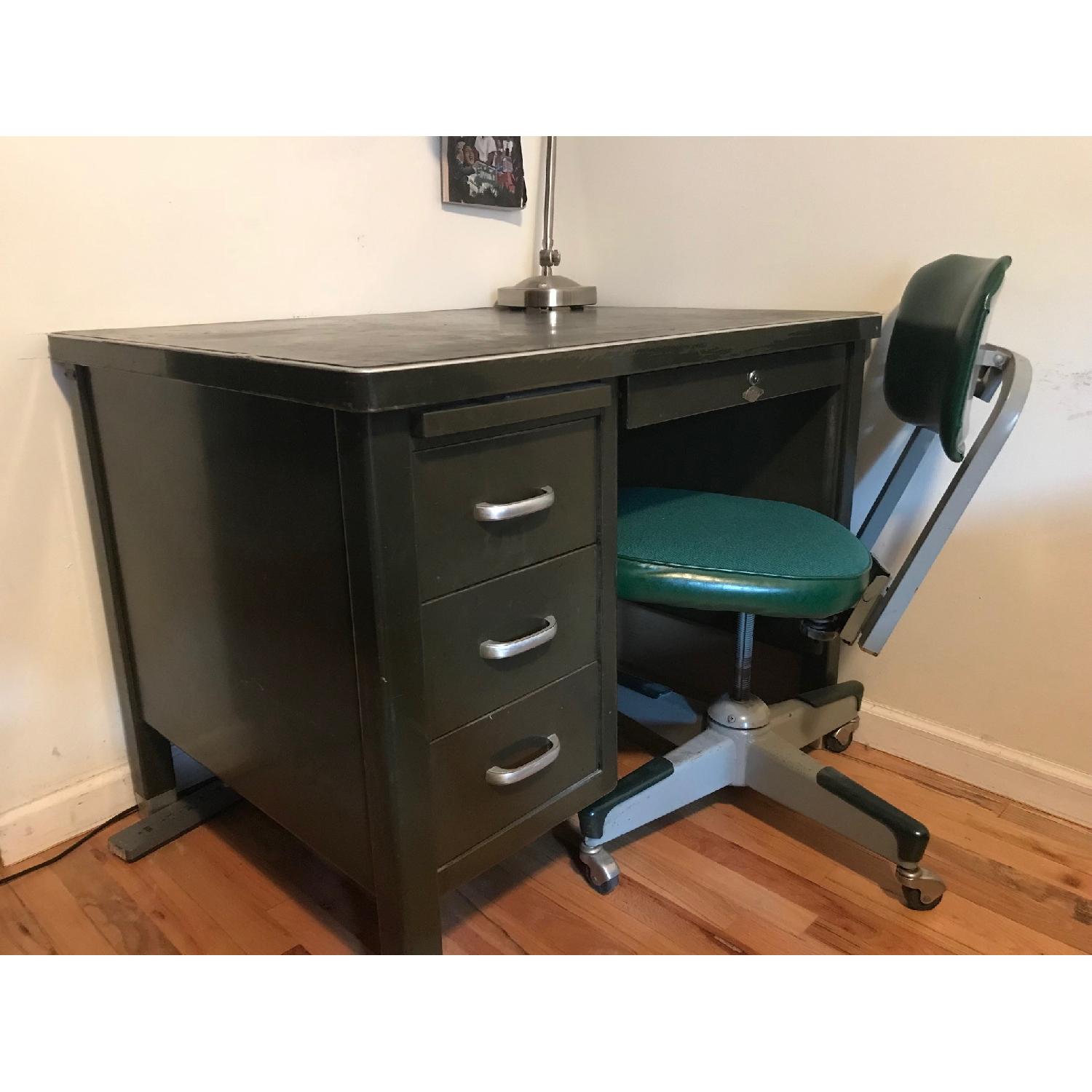 Vintage Mid Century Steel Green Tanker Industrial Desk - image-5