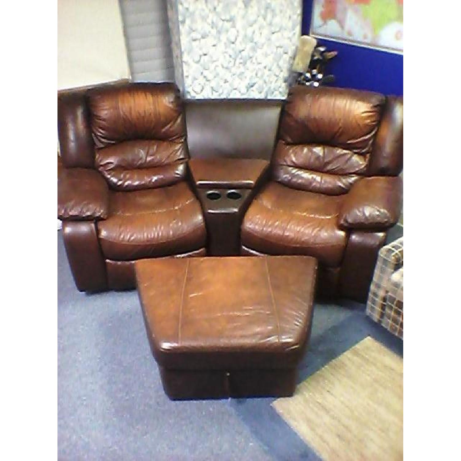 Double Leather Recliner with Center Console & Ottoman - image-1