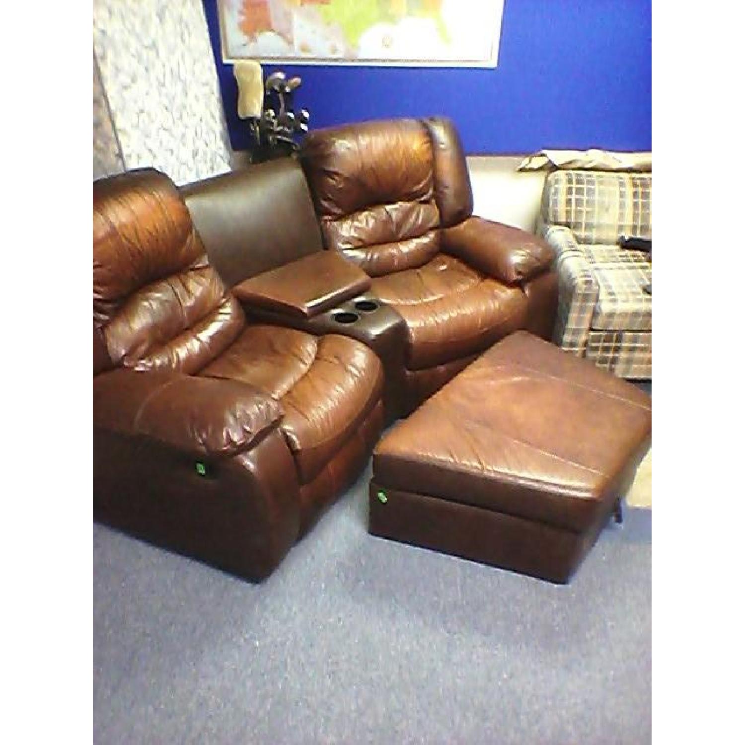 Double Leather Recliner with Center Console & Ottoman - image-2
