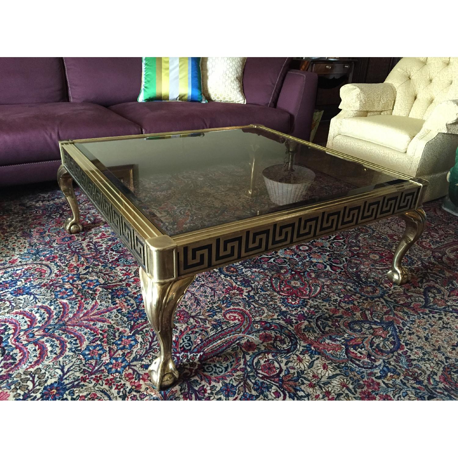 1st Dibs Brass Coffee Table w/ Greek Key Design & Glass Top - image-1