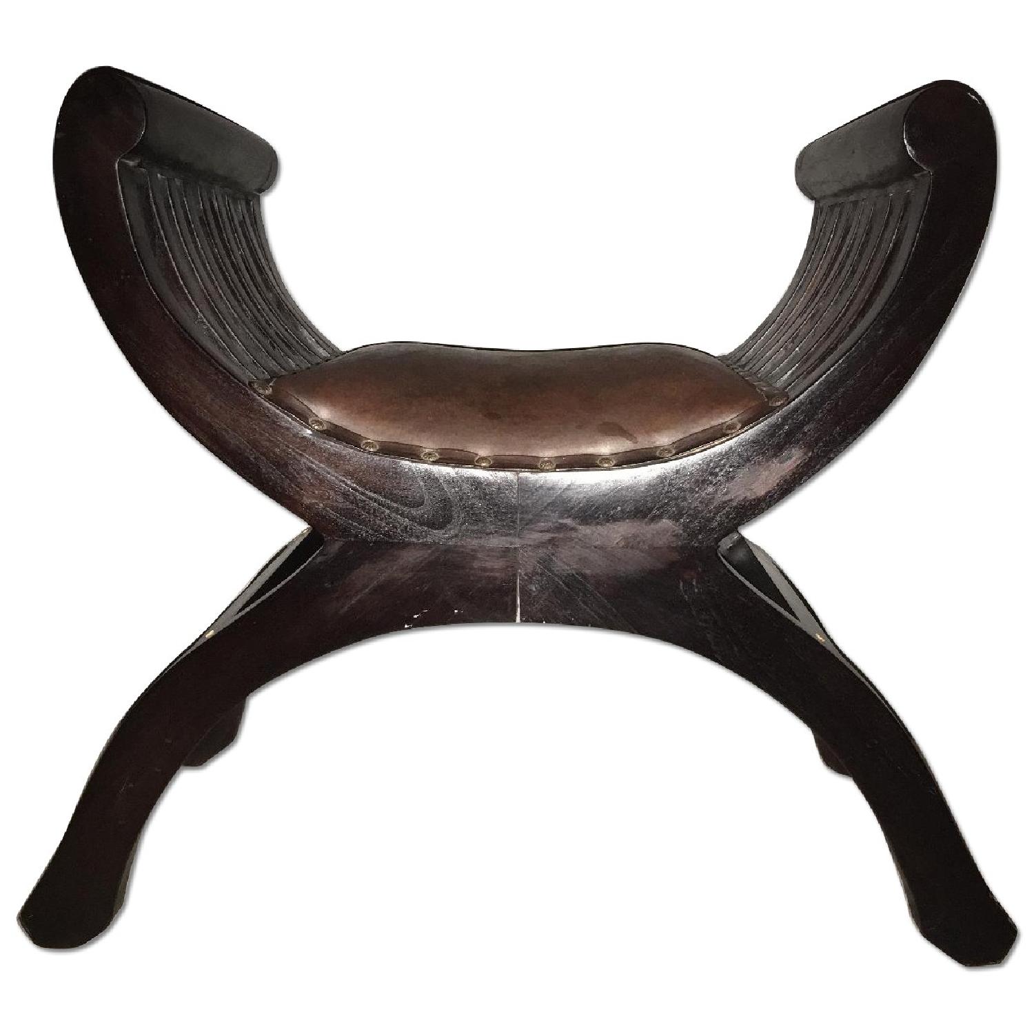Asian Wood & Leather Bench - image-0