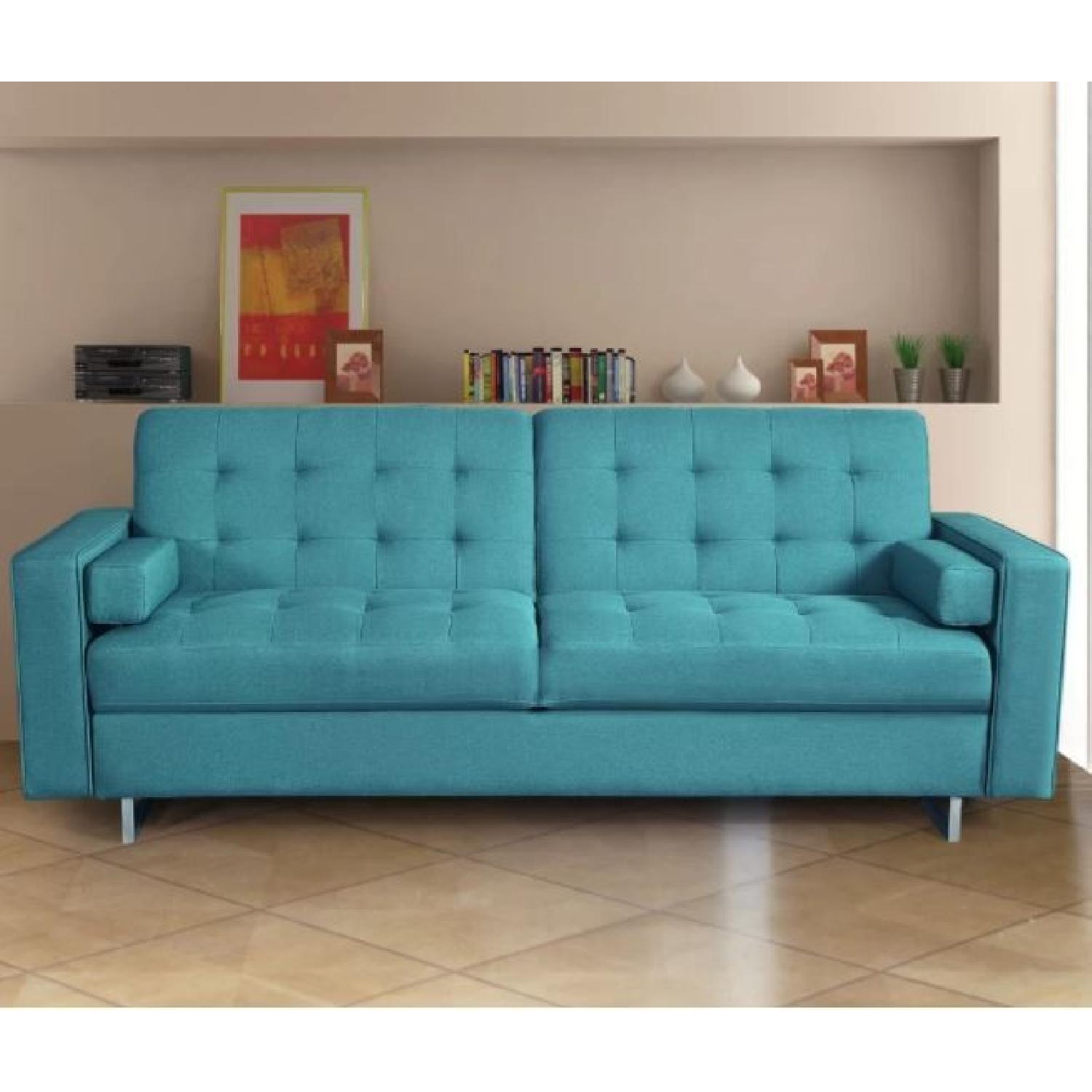 Modern Blue Linen Sleeper Sofa w/ Storage - image-1