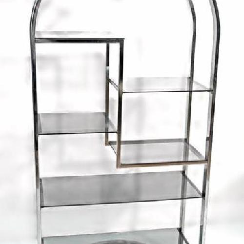 Milo Baughman Chrome Arched Top Etagere Smoked Glass Shelves