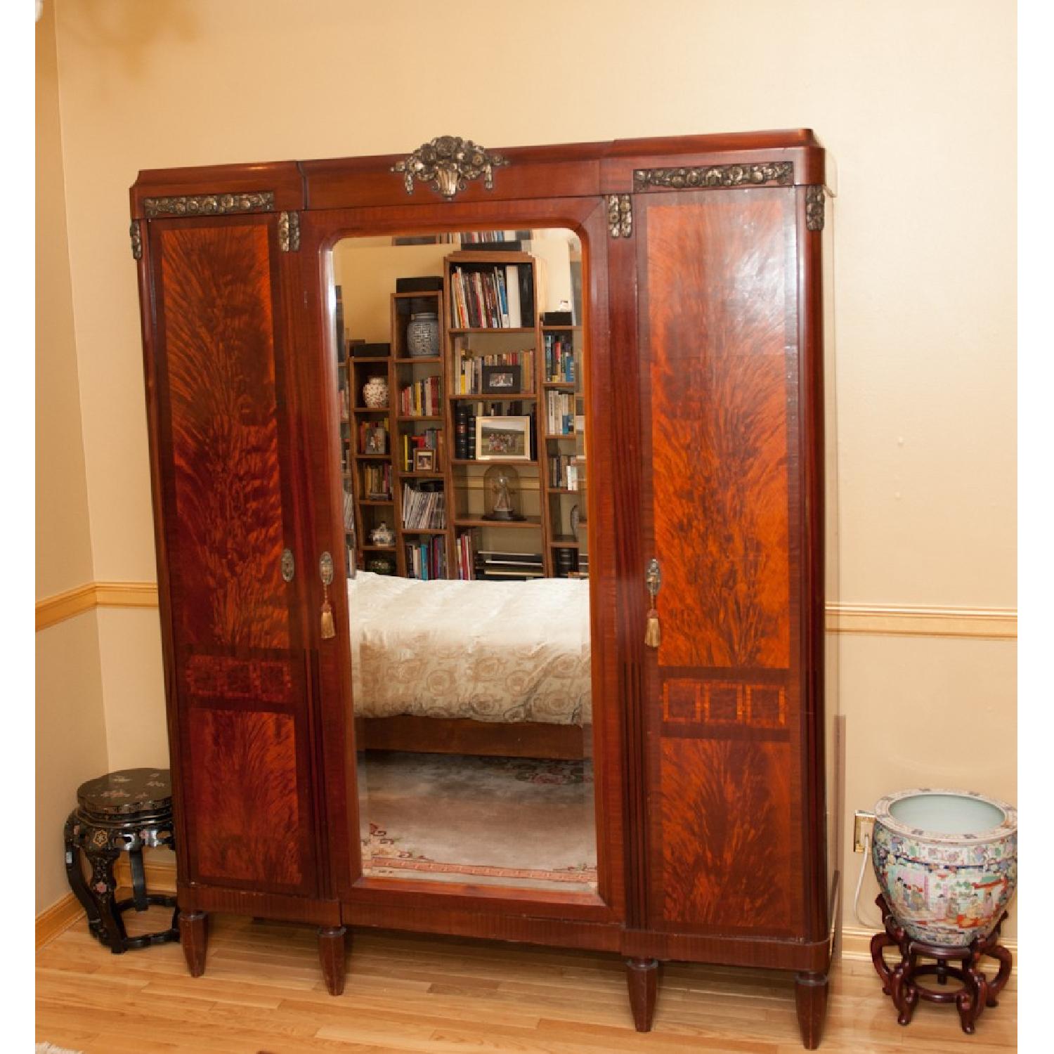 Art Deco Burled Maple Wood Armoire with Mirror and Brass Gilt details - image-1