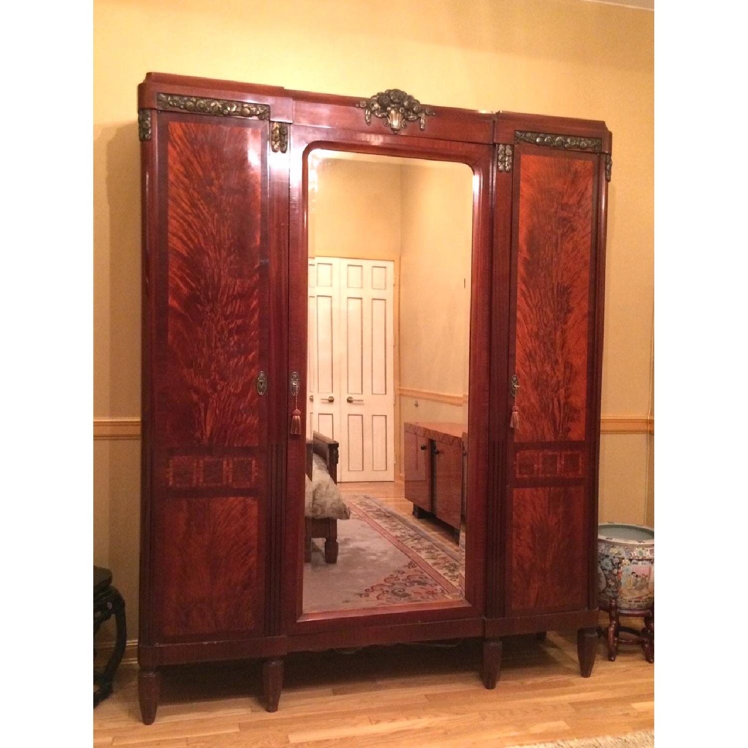 Art Deco Burled Maple Wood Armoire with Mirror and Brass Gilt details - image-3