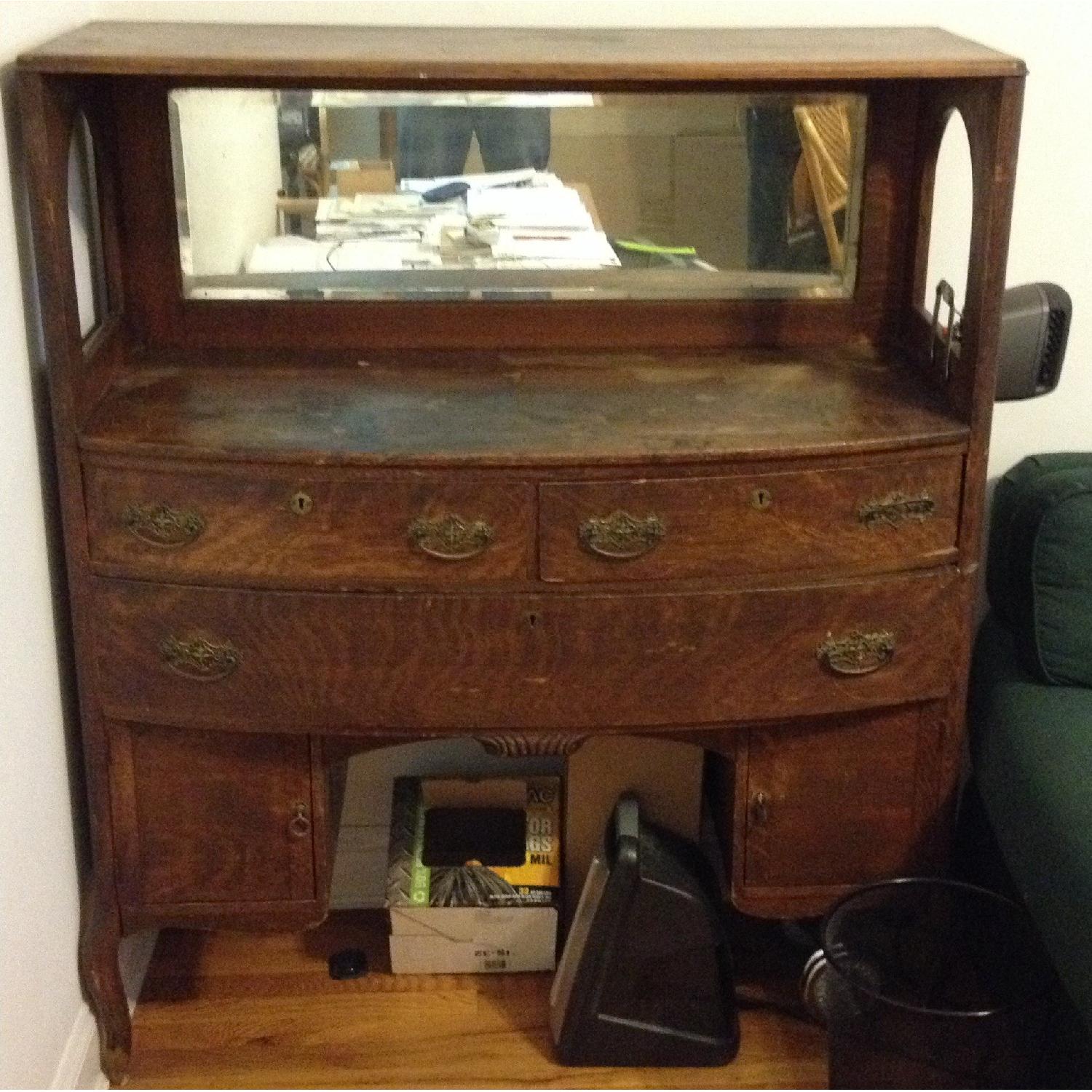 Antique Wood Sideboard with Mirror - image-1