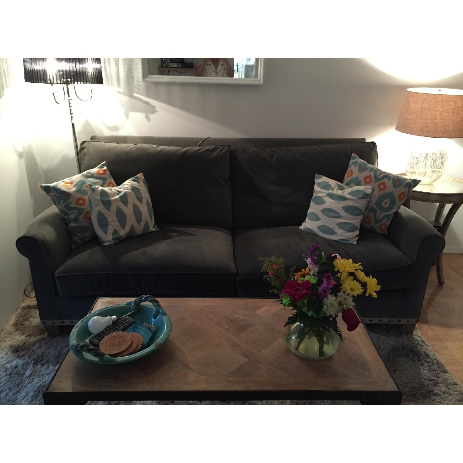 Grey Suede Sofa with Cream Studded Trimming - image-2